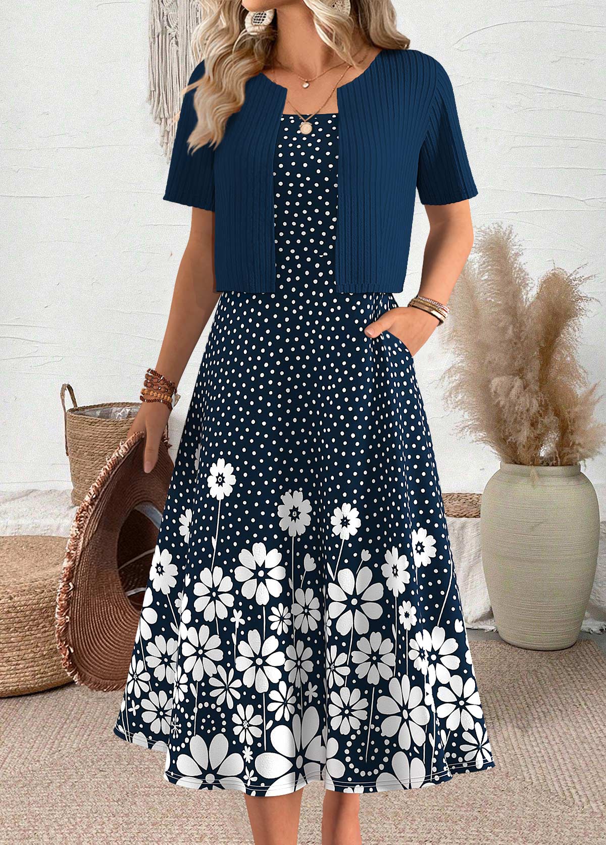 Polka Dot Navy Short Sleeve Dress and Cardigan