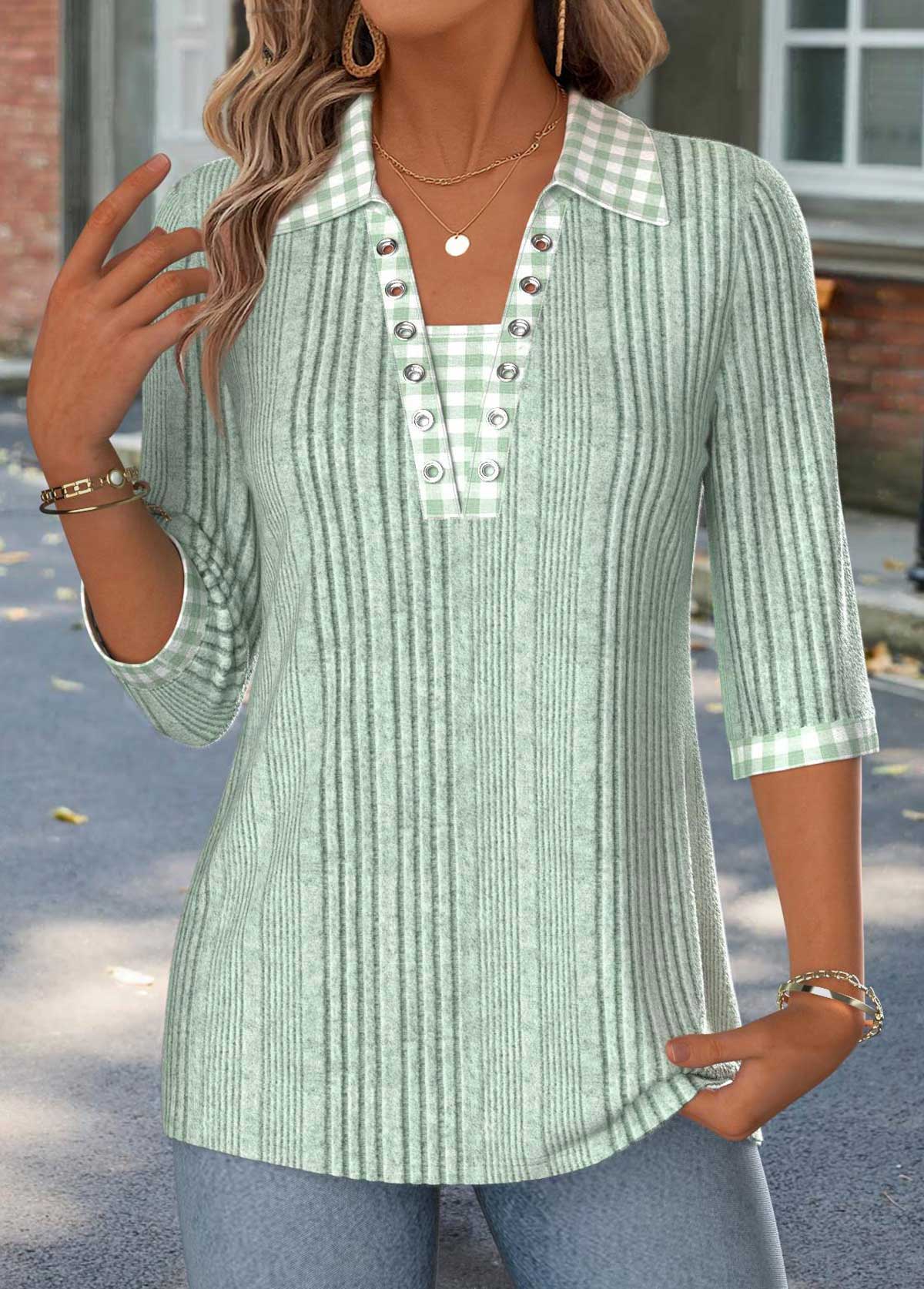 Gingham Print Sage Green 3/4 Sleeve T Shirt
