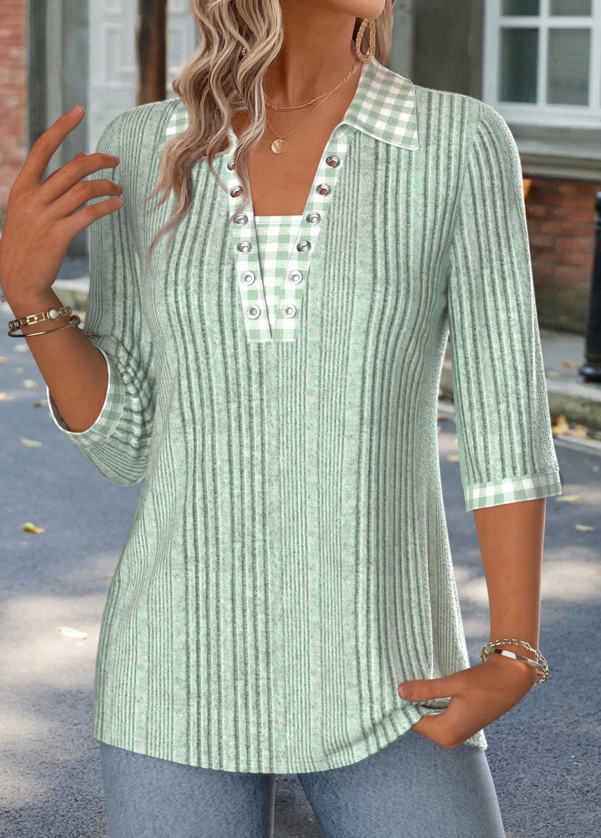 Gingham Print Sage Green 3/4 Sleeve T Shirt