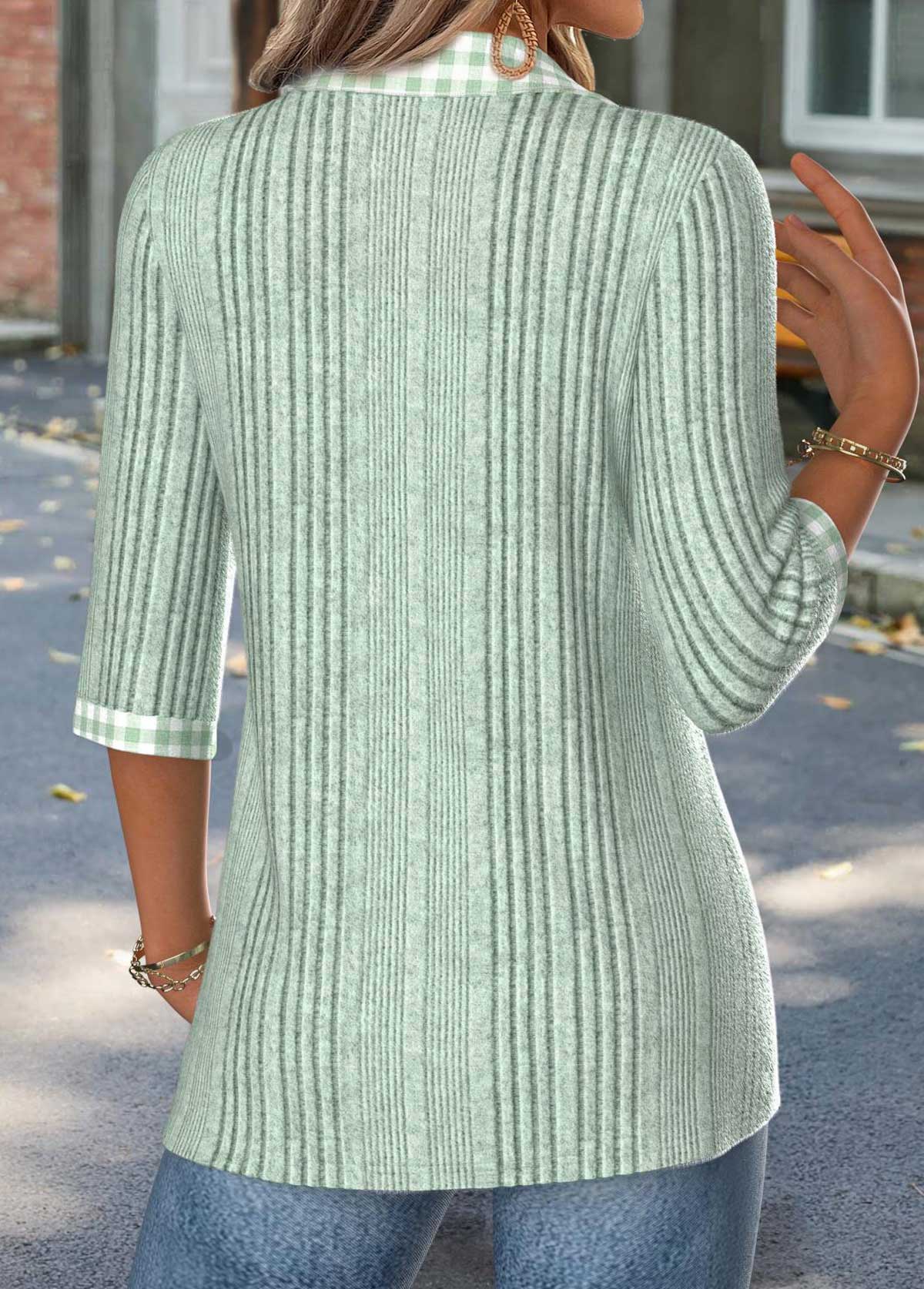 Gingham Print Sage Green 3/4 Sleeve T Shirt