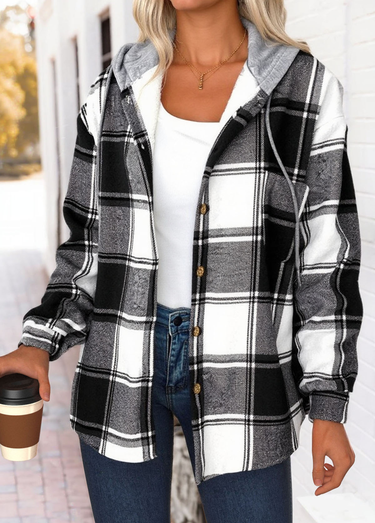 Plaid Tummy Coverage Black Long Sleeve Hooded Track Jacket