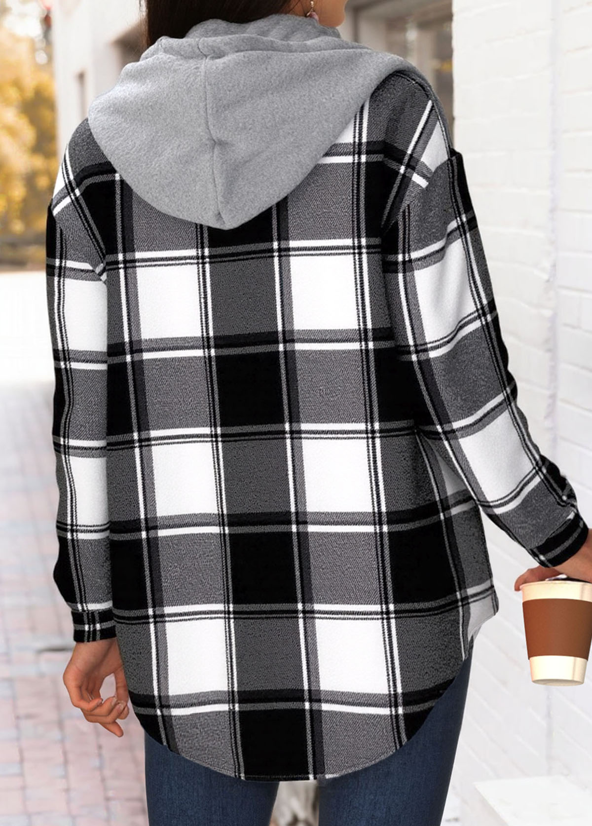 Plaid Tummy Coverage Black Long Sleeve Hooded Track Jacket
