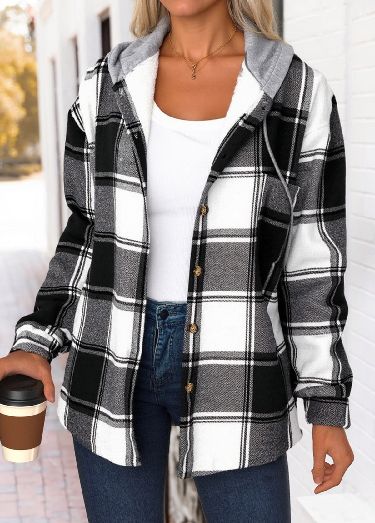 Plaid Tummy Coverage Black Long Sleeve Hooded Track Jacket