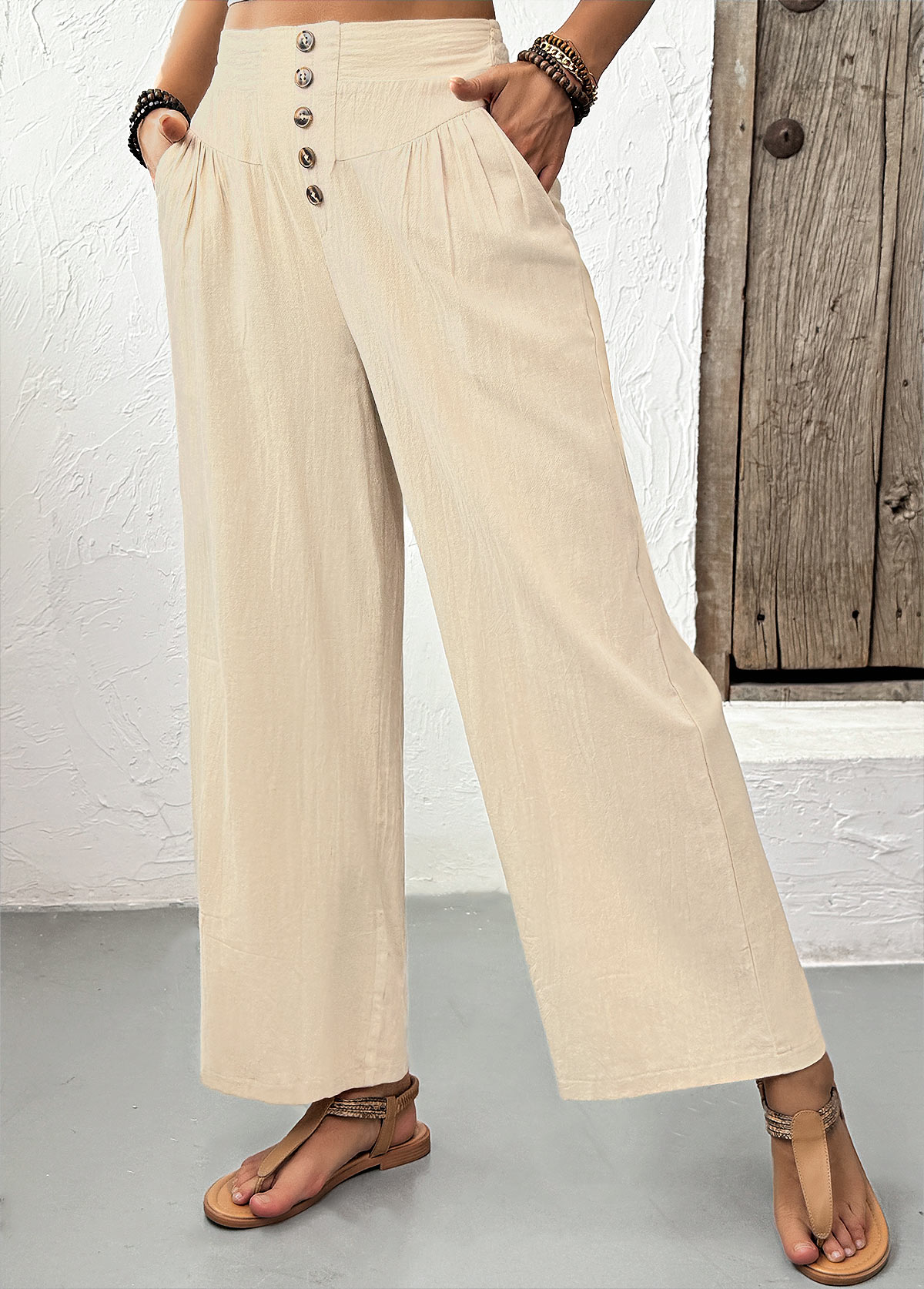Light Camel Straight Leg Elastic Waist High Waisted Pants