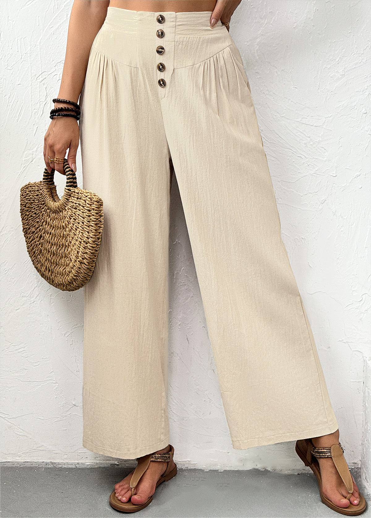 Light Camel Straight Leg Elastic Waist High Waisted Pants