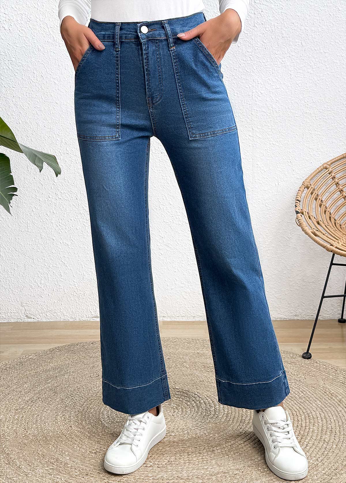 Pocket Denim Blue Wide Leg Button Fly Jeans