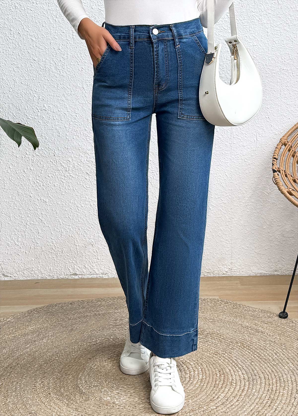 Pocket Denim Blue Wide Leg Button Fly Jeans