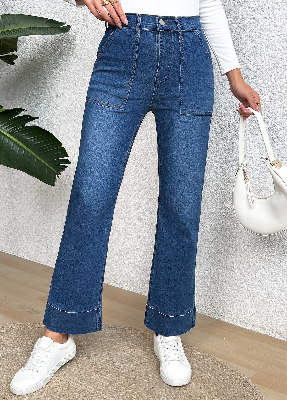 Pocket Denim Blue Wide Leg Button Fly Jeans
