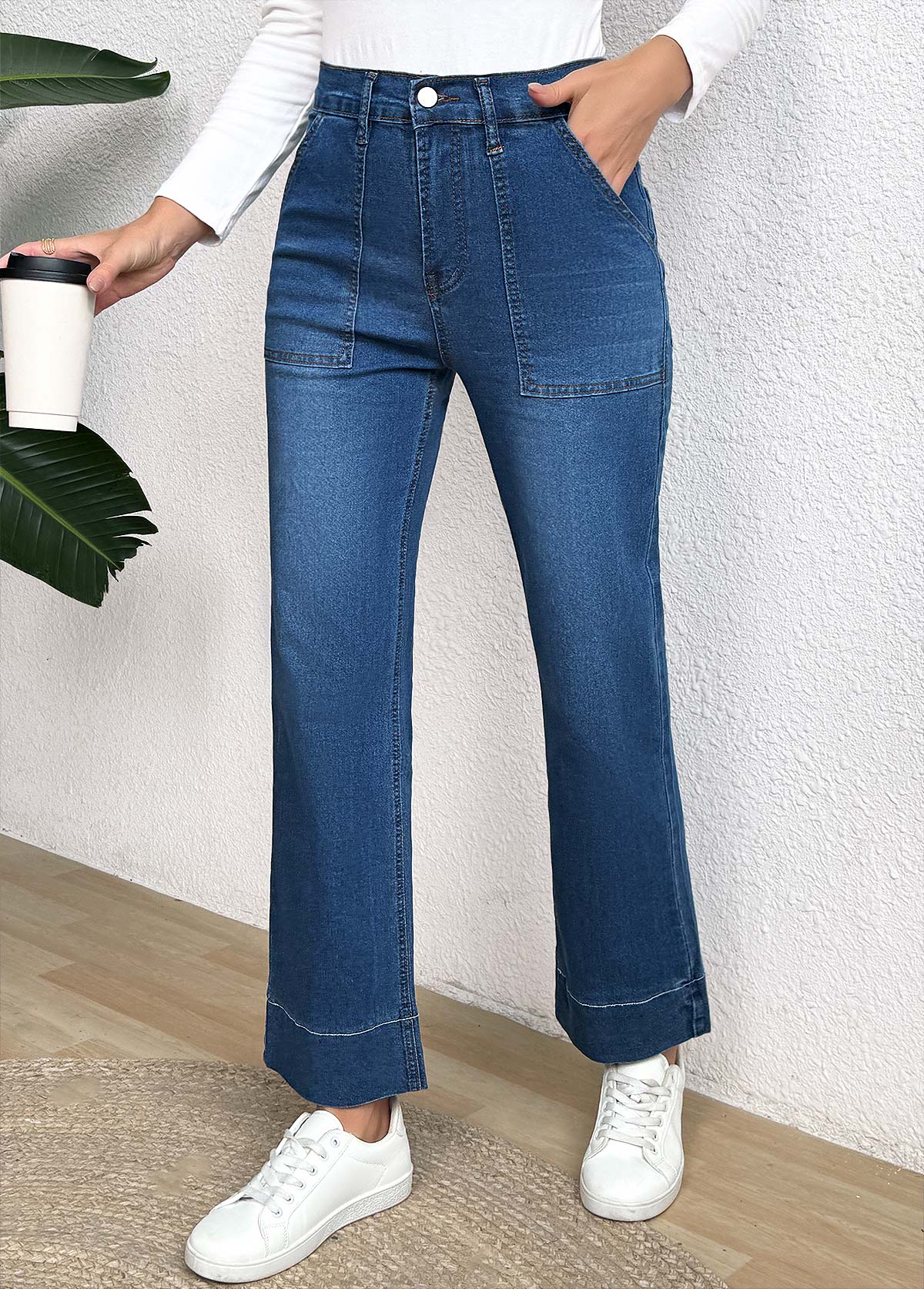 Pocket Denim Blue Wide Leg Button Fly Jeans