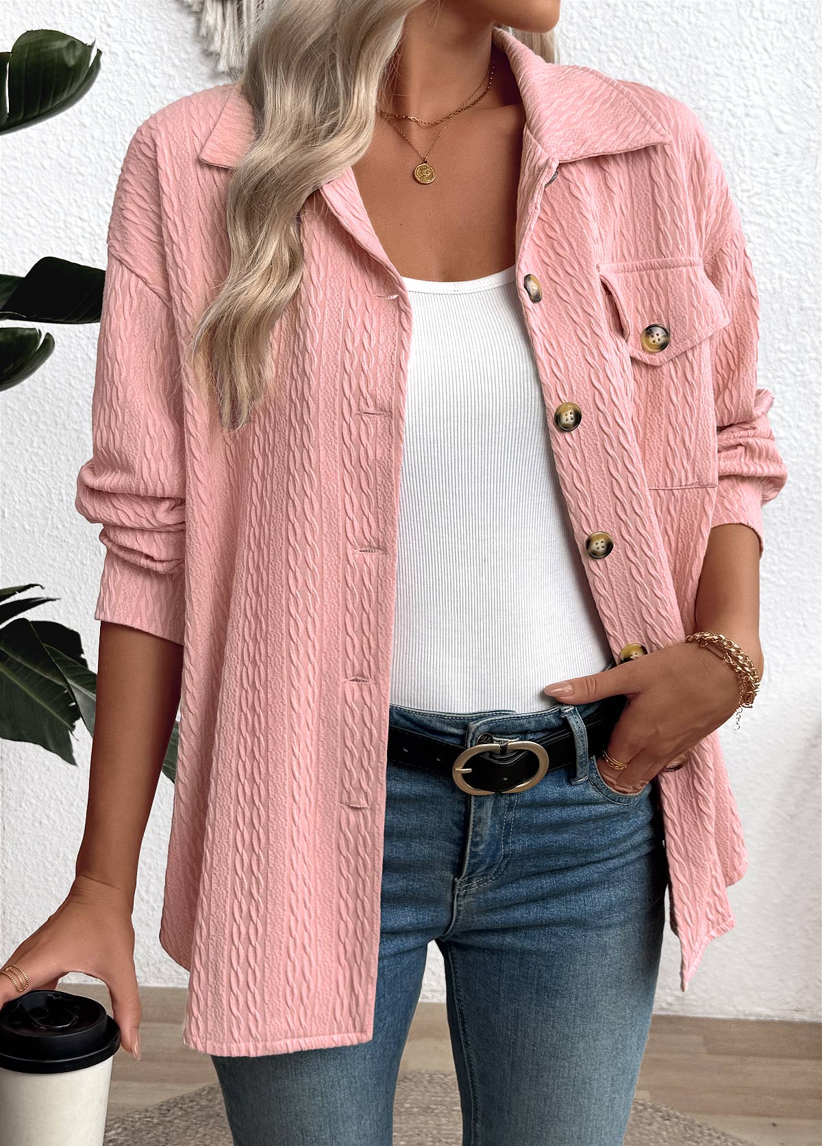Curved Hem Pink Long Sleeve Turn Down Collar Shirt