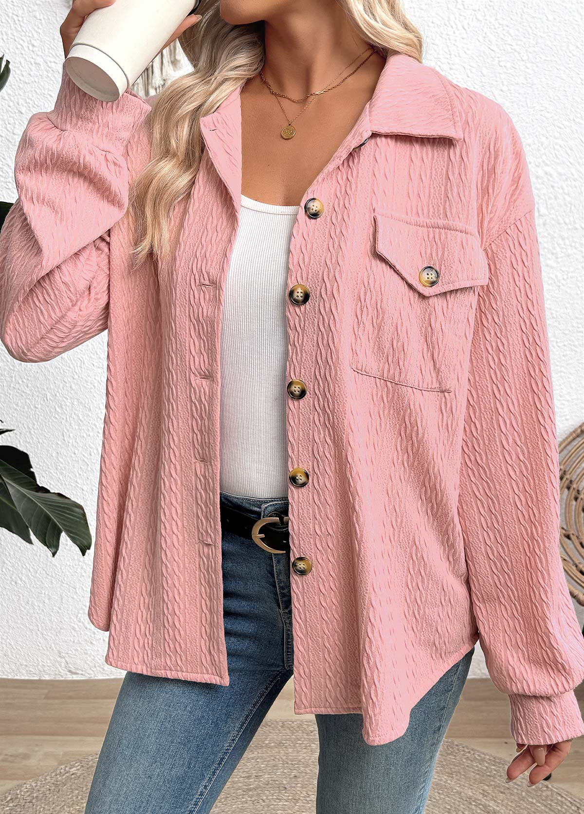 Curved Hem Pink Long Sleeve Turn Down Collar Shirt
