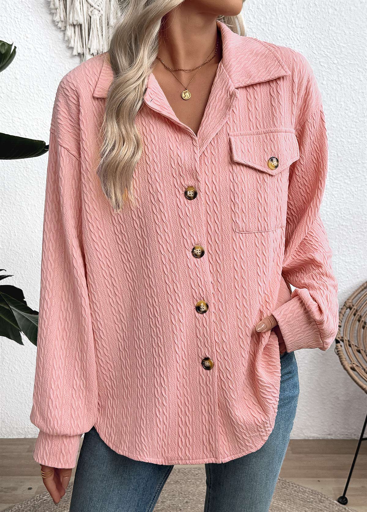 Curved Hem Pink Long Sleeve Turn Down Collar Shirt