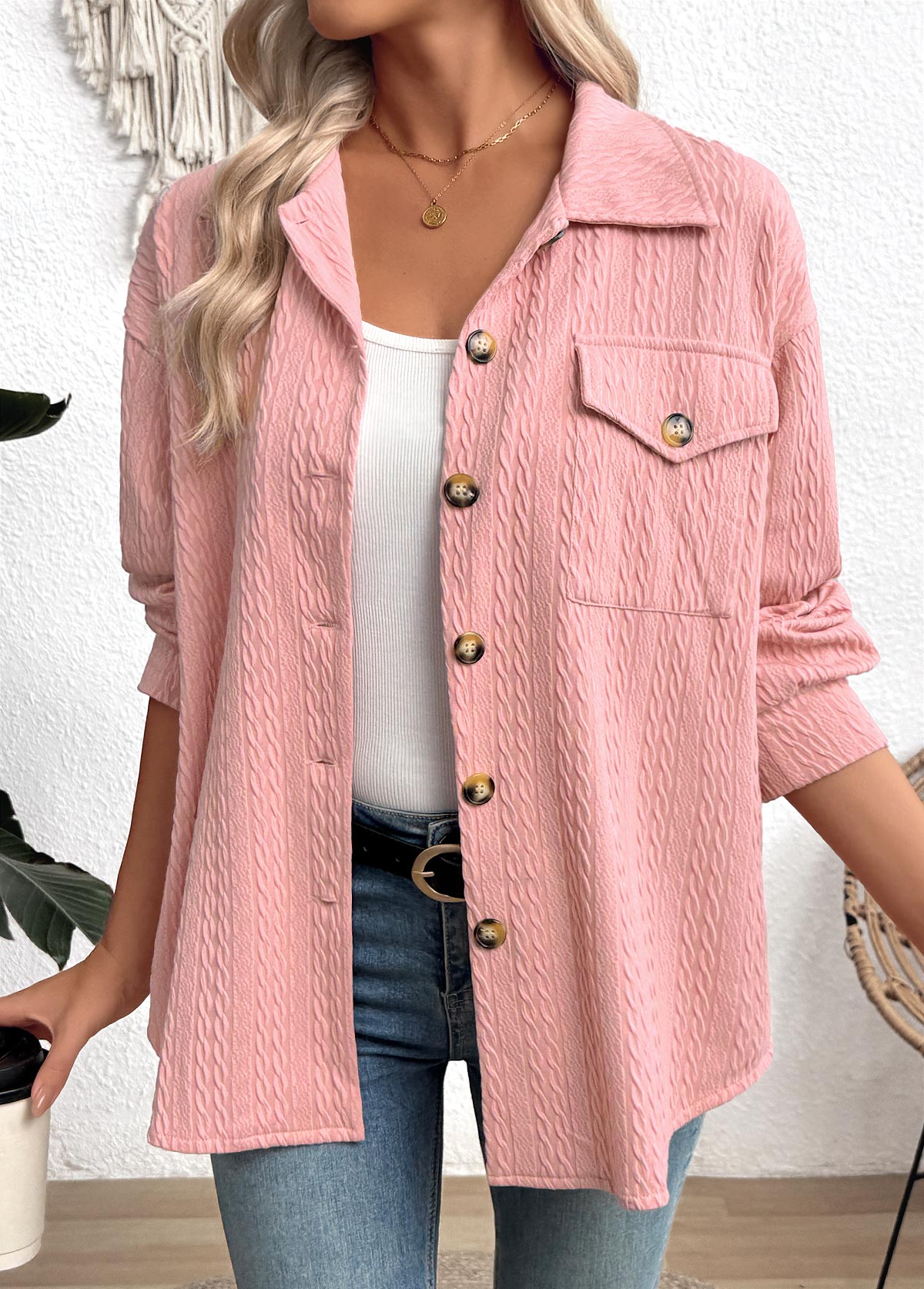 Curved Hem Pink Long Sleeve Turn Down Collar Shirt