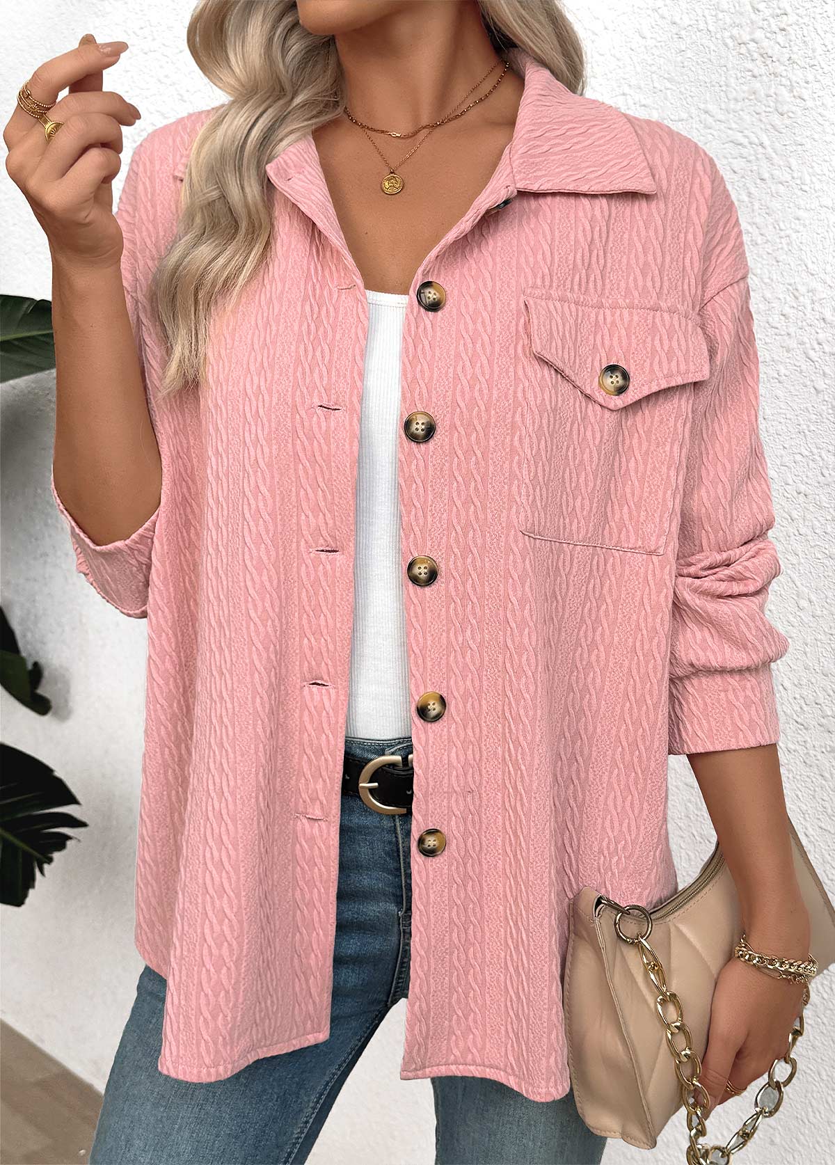 Curved Hem Pink Long Sleeve Turn Down Collar Shirt