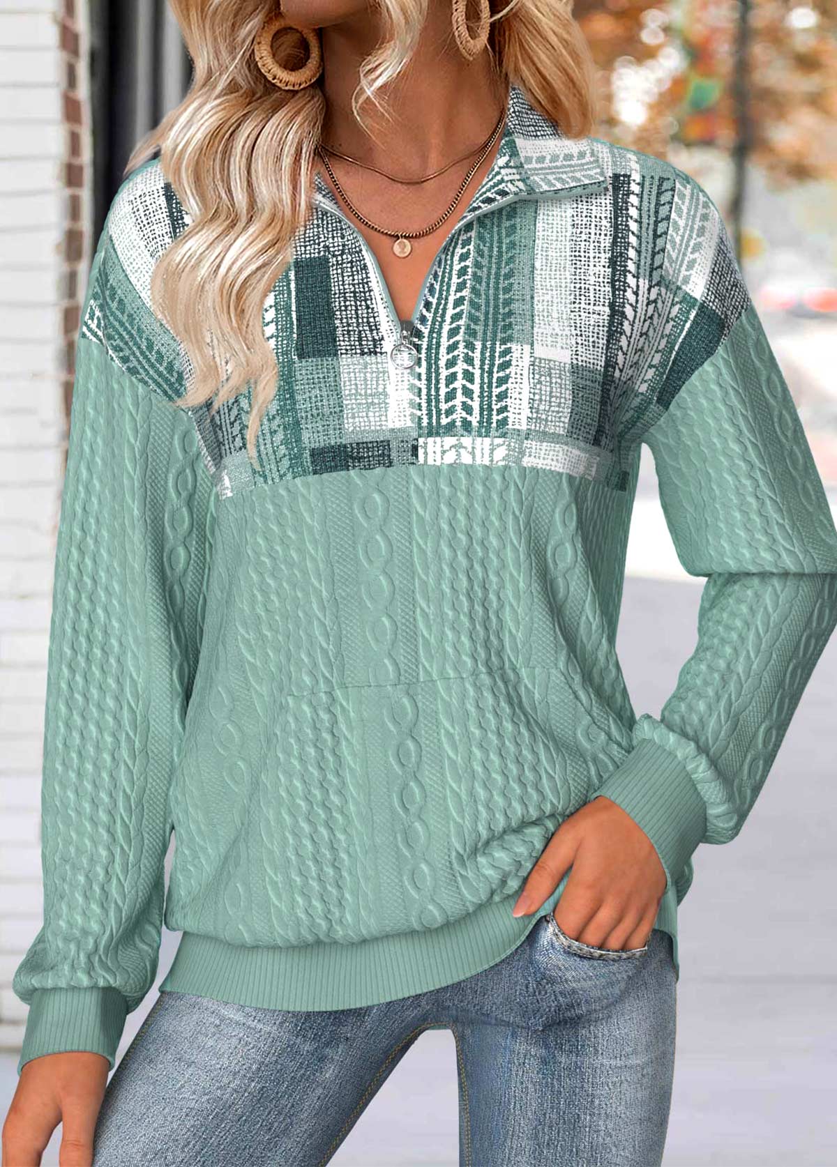 Geometric Print Tummy Coverage Sage Green Long Sleeve Sweatshirt