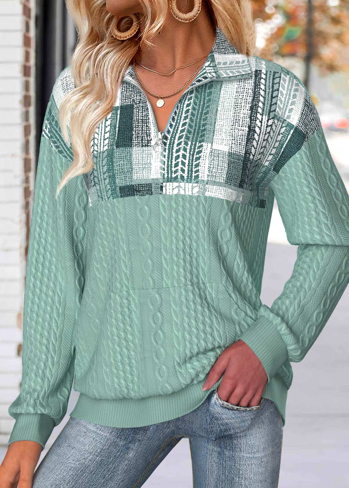 Geometric Print Tummy Coverage Sage Green Long Sleeve Sweatshirt