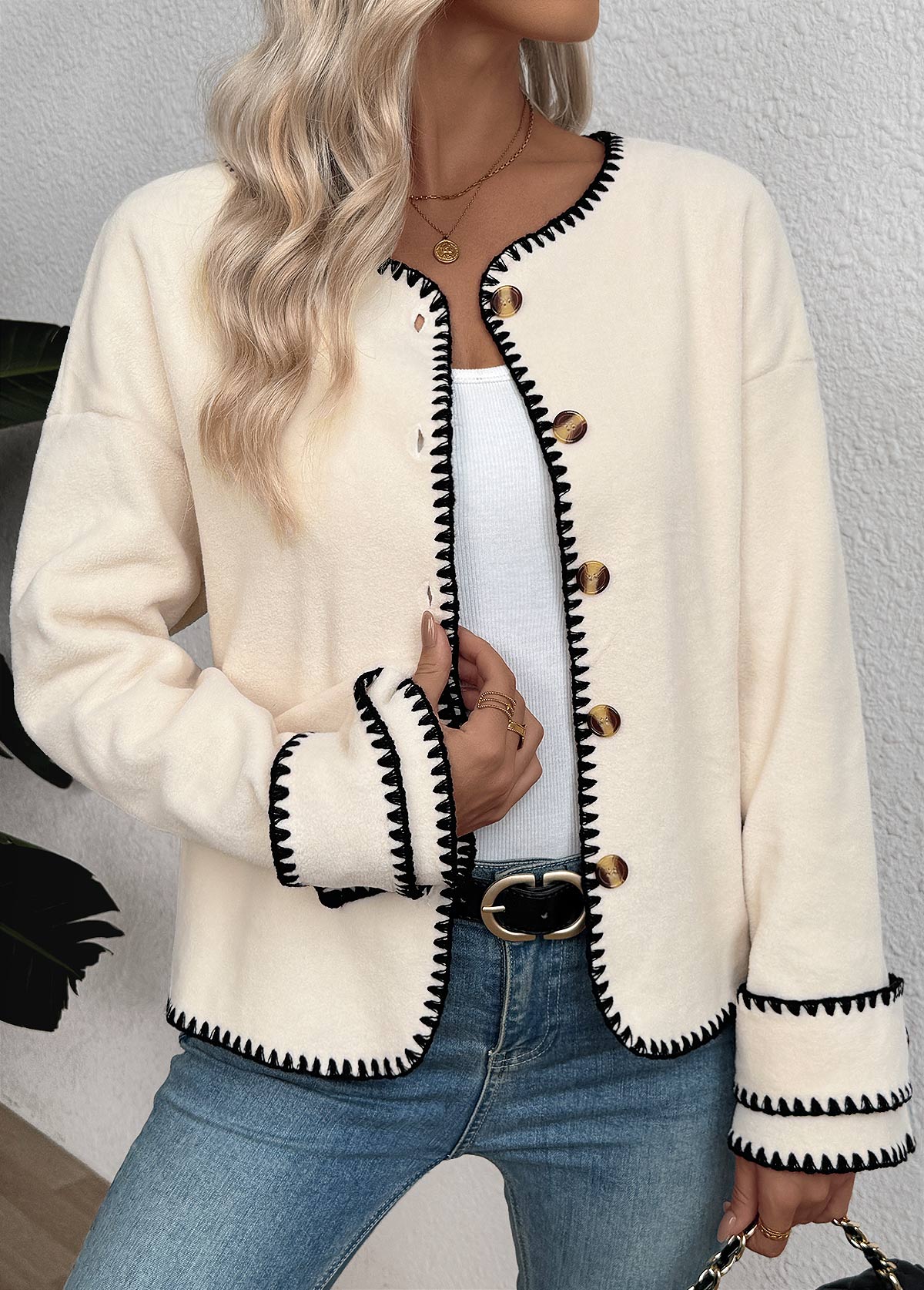 Tummy Coverage Beige Long Sleeve Round Neck Coat