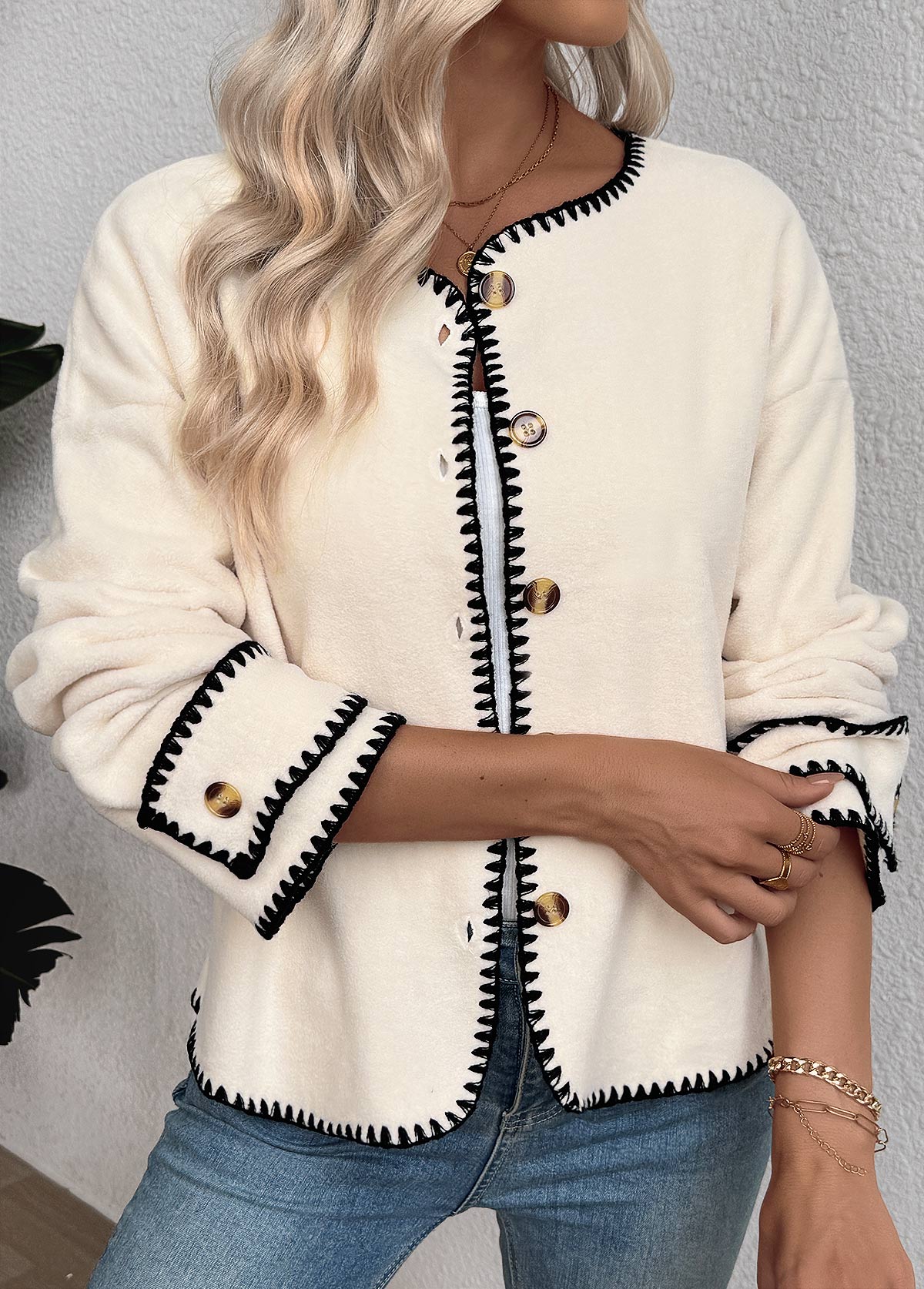 Tummy Coverage Beige Long Sleeve Round Neck Coat