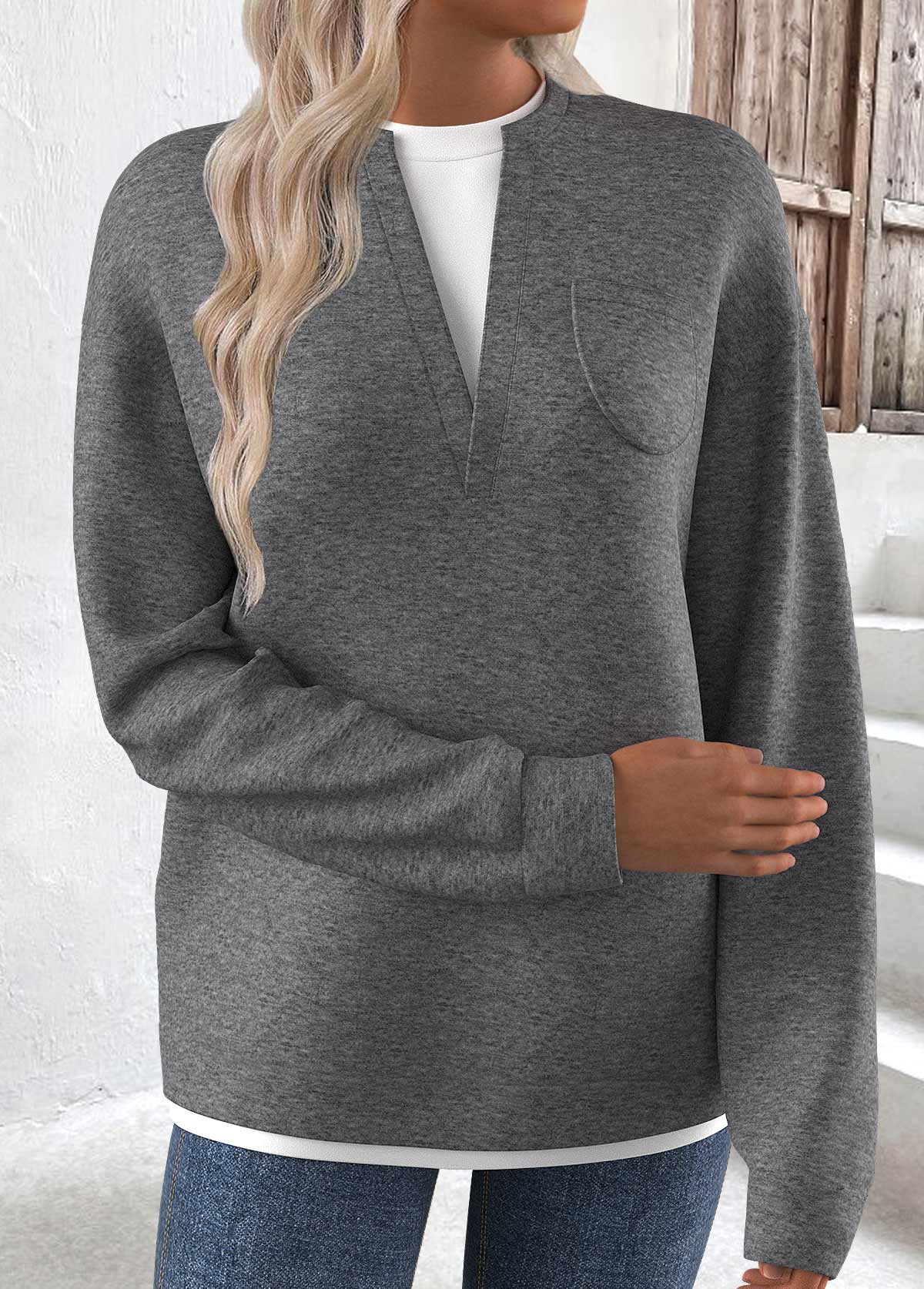 Fake 2in1 Grey Long Sleeve Round Neck Sweatshirt