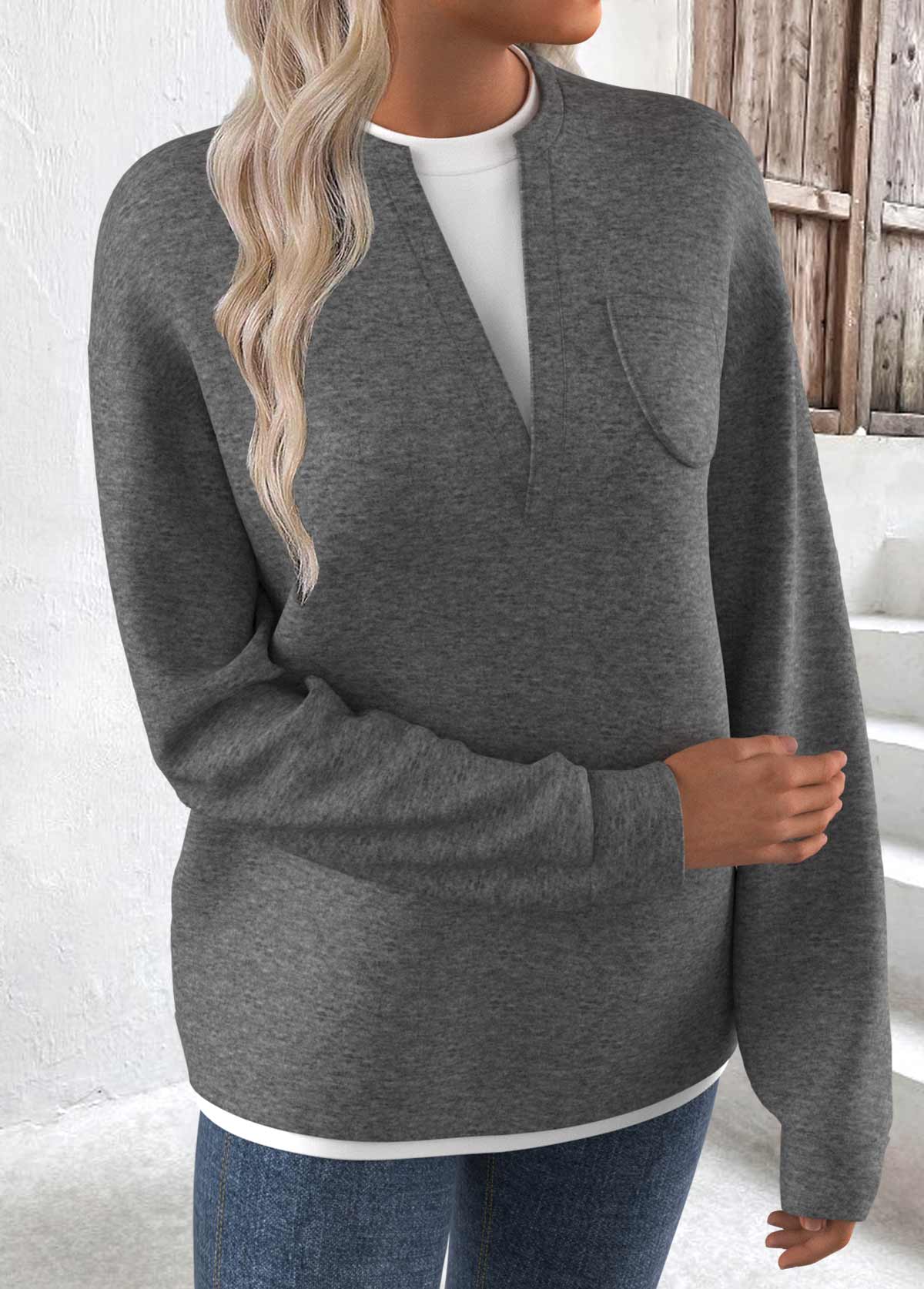 Fake 2in1 Grey Long Sleeve Round Neck Sweatshirt