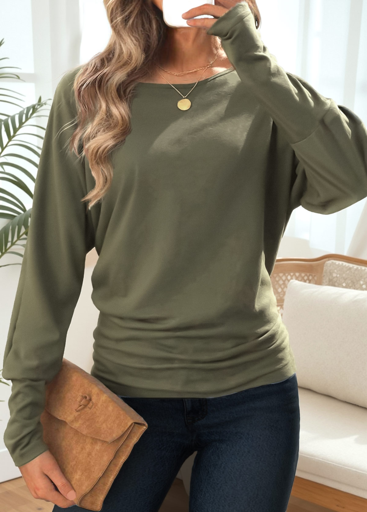 Tummy Coverage Olive Green Long Sleeve T Shirt