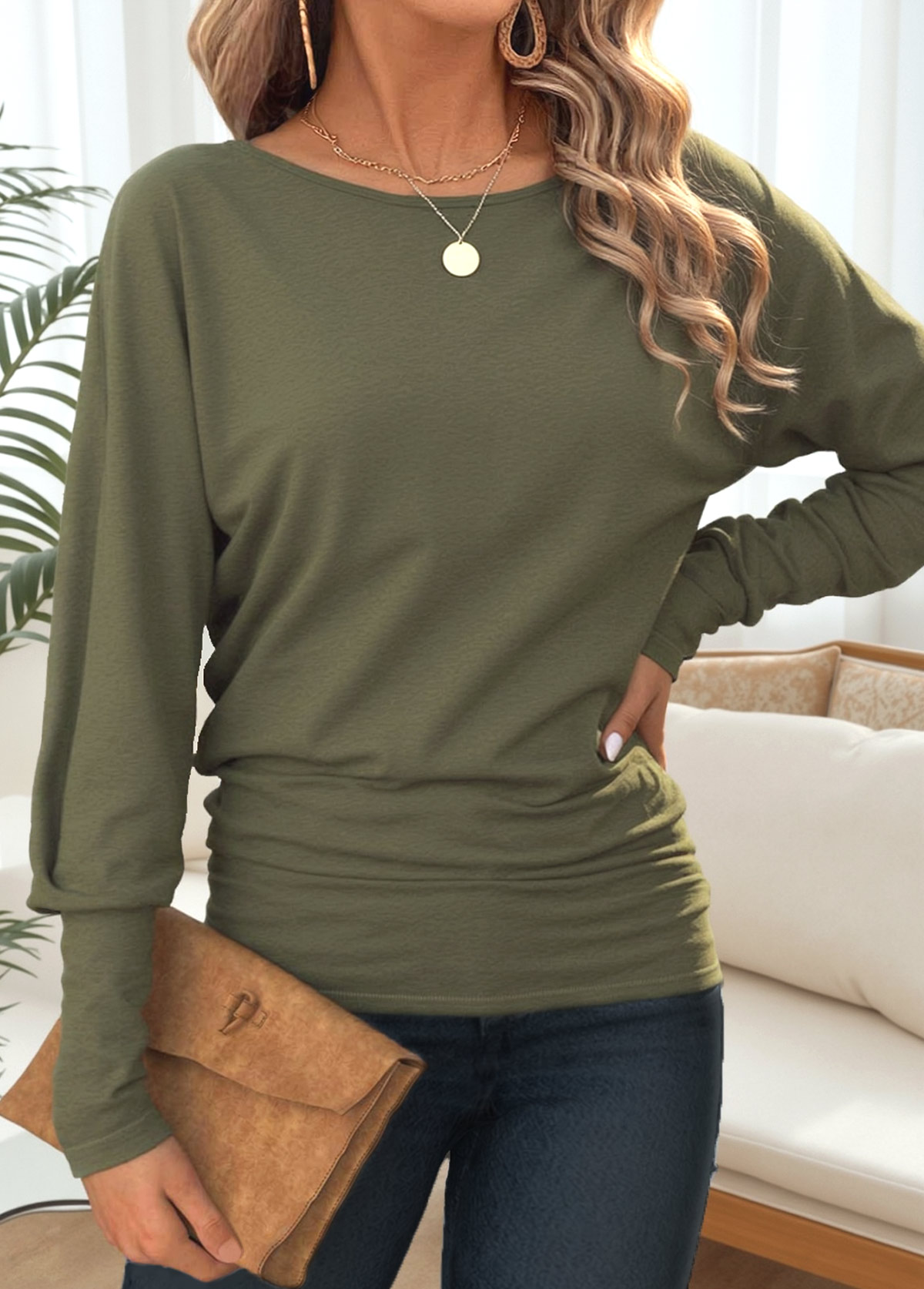 Tummy Coverage Olive Green Long Sleeve T Shirt