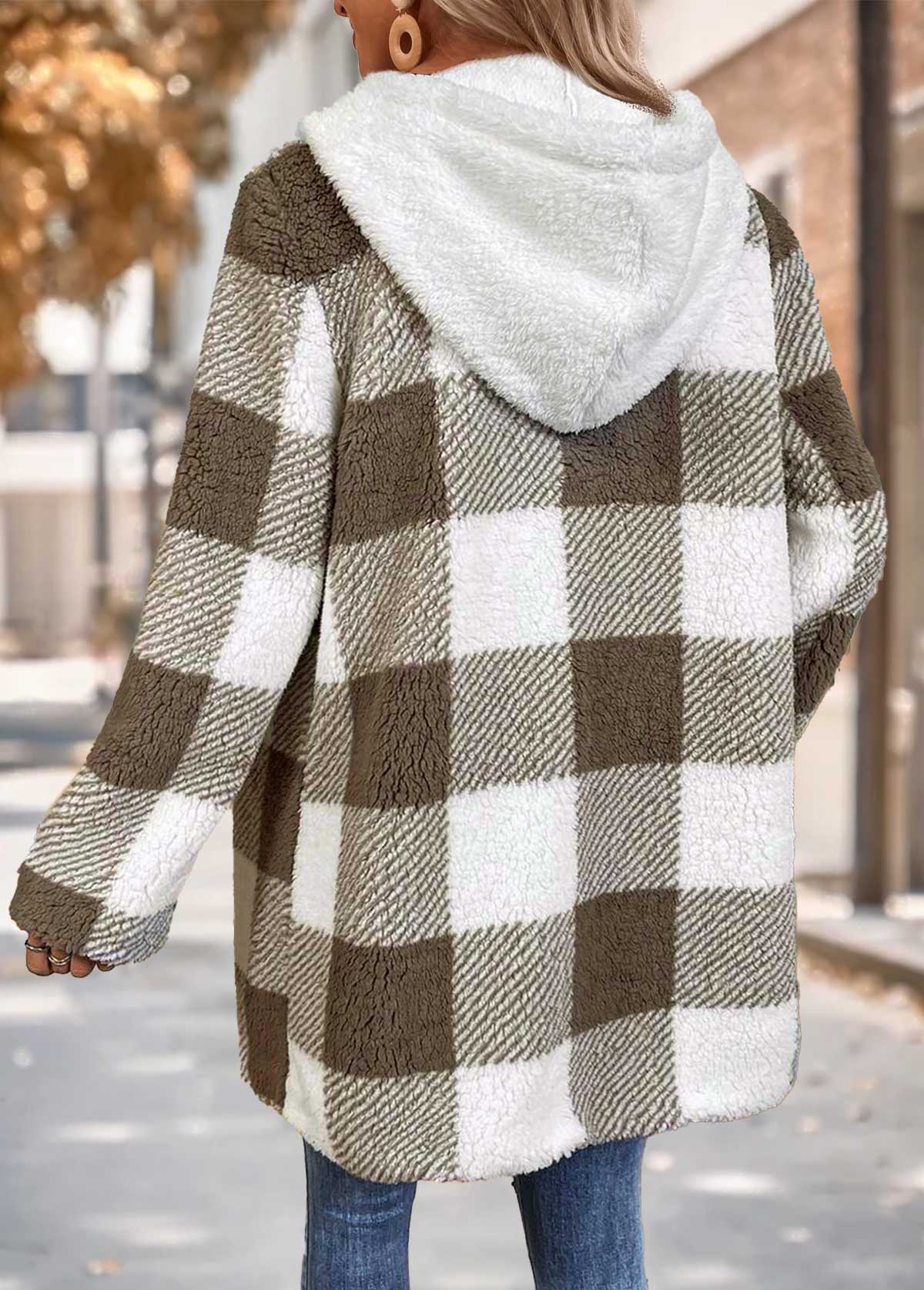 Plaid Tummy Coverage Gray Brown Long Sleeve Hooded Coat