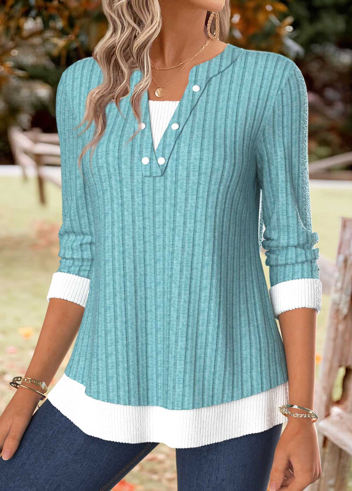 Tummy Coverage Turquoise Long Sleeve Split Neck T Shirt