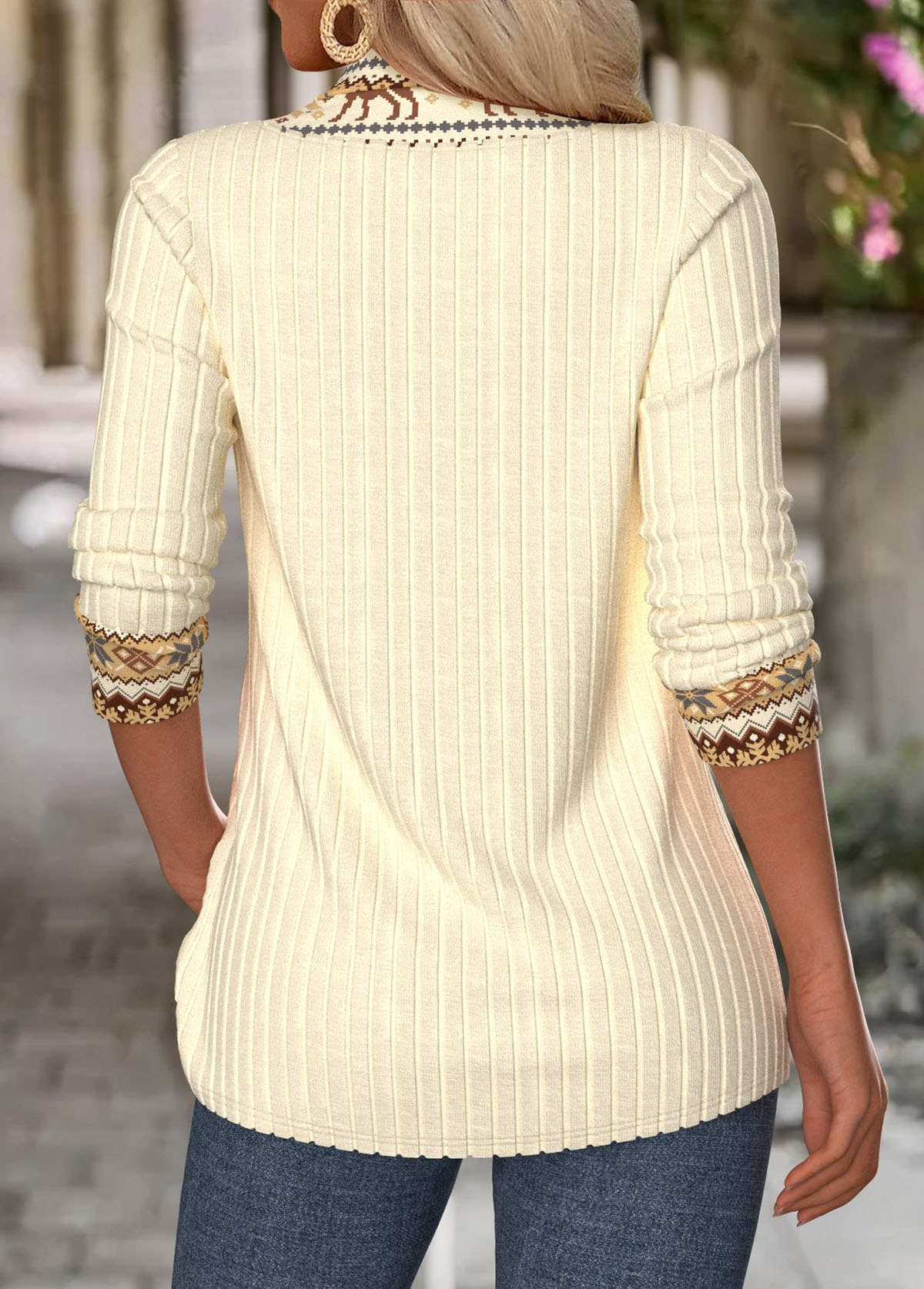 Fair Isle Print Tummy Coverage Beige Long Sleeve Sweatshirt