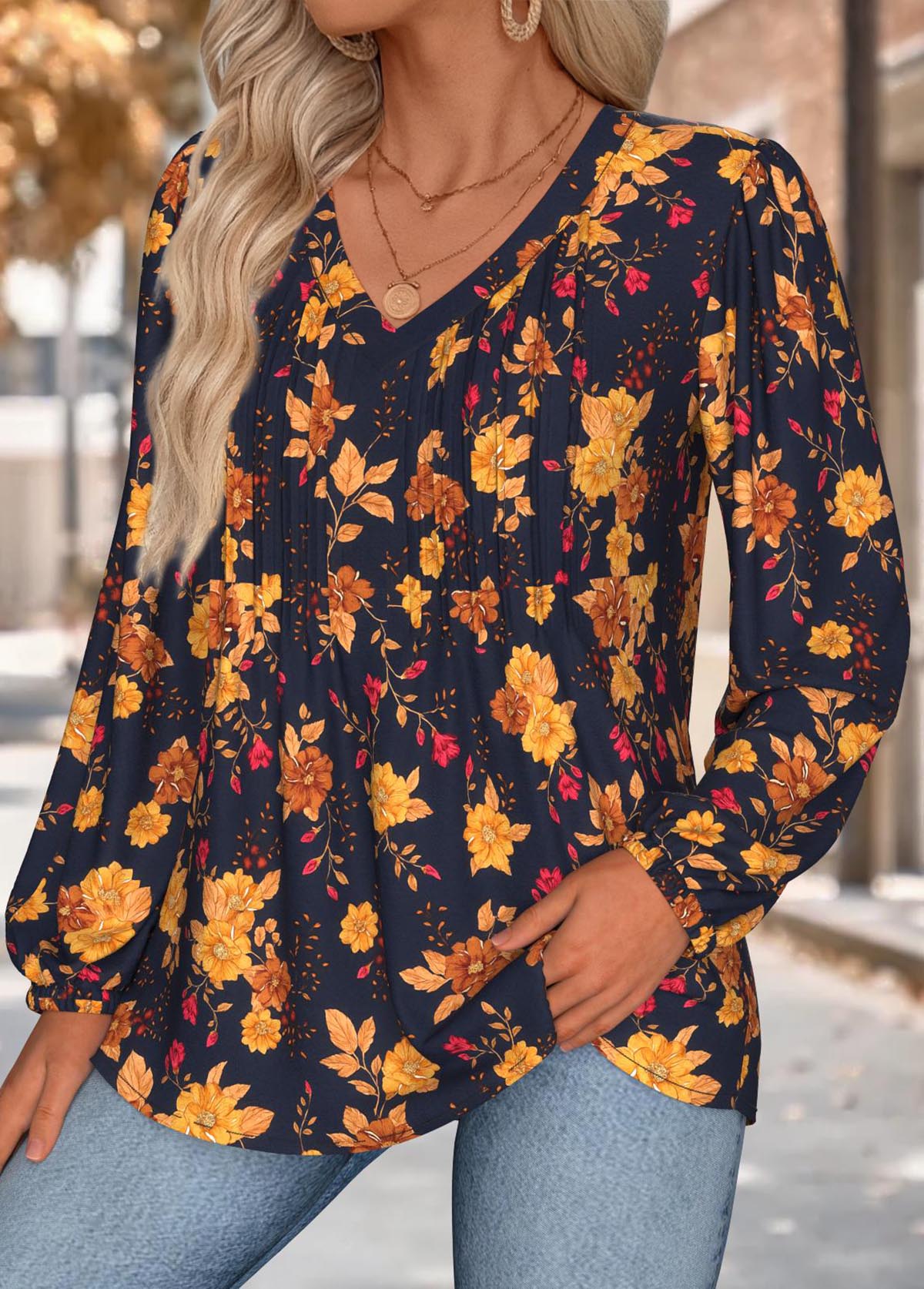Floral Print Tummy Coverage Multi Color Long Sleeve Blouse