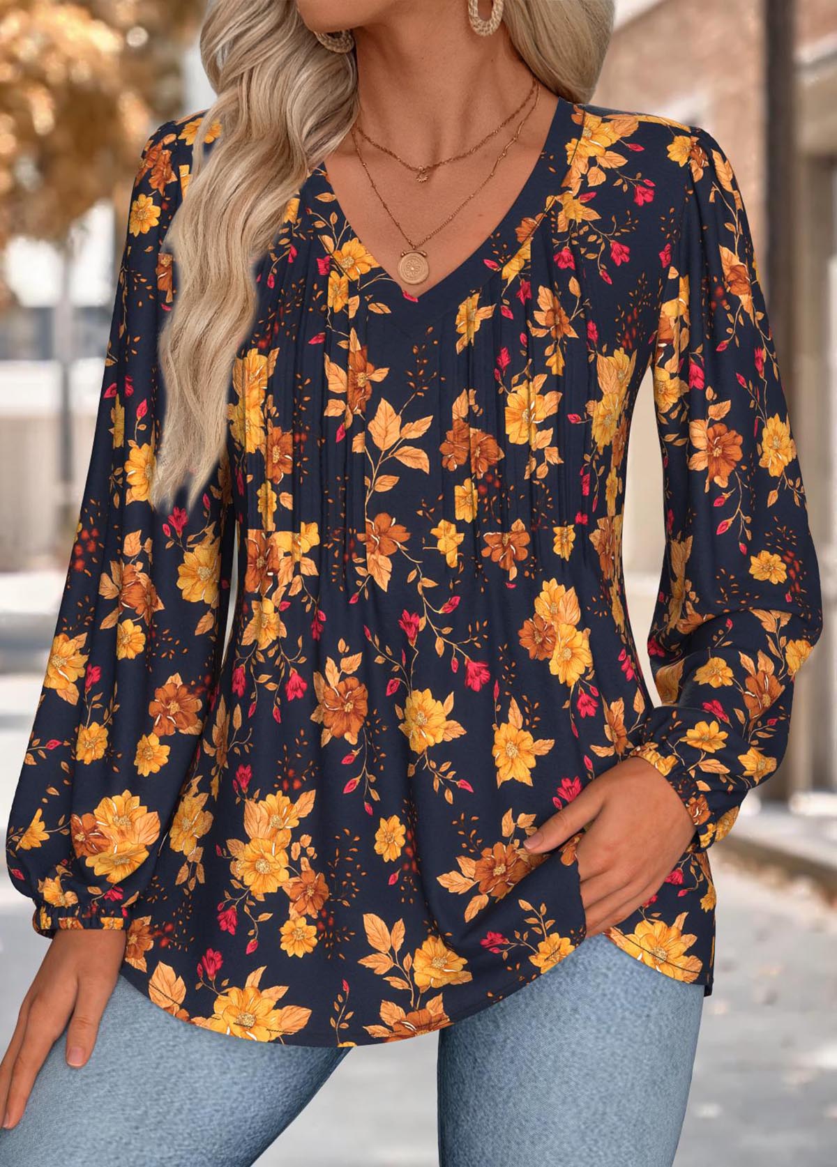 Floral Print Tummy Coverage Multi Color Long Sleeve Blouse