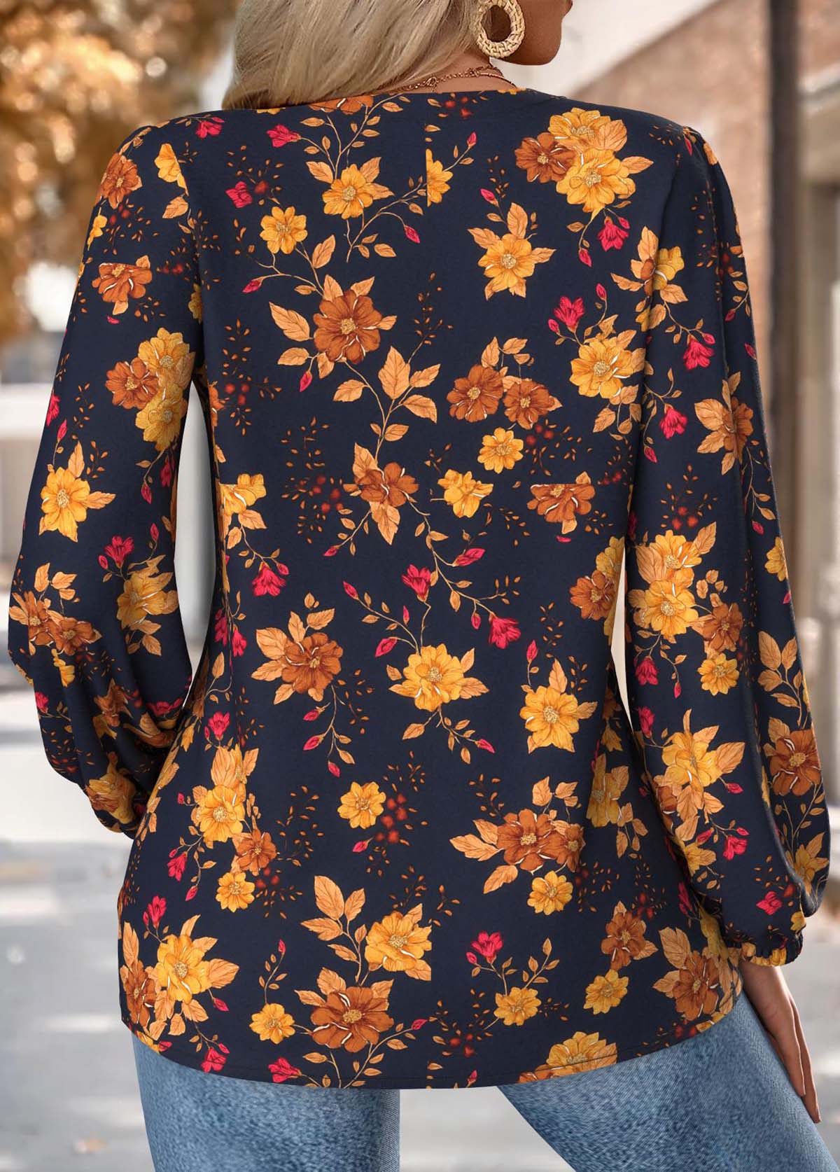 Floral Print Tummy Coverage Multi Color Long Sleeve Blouse