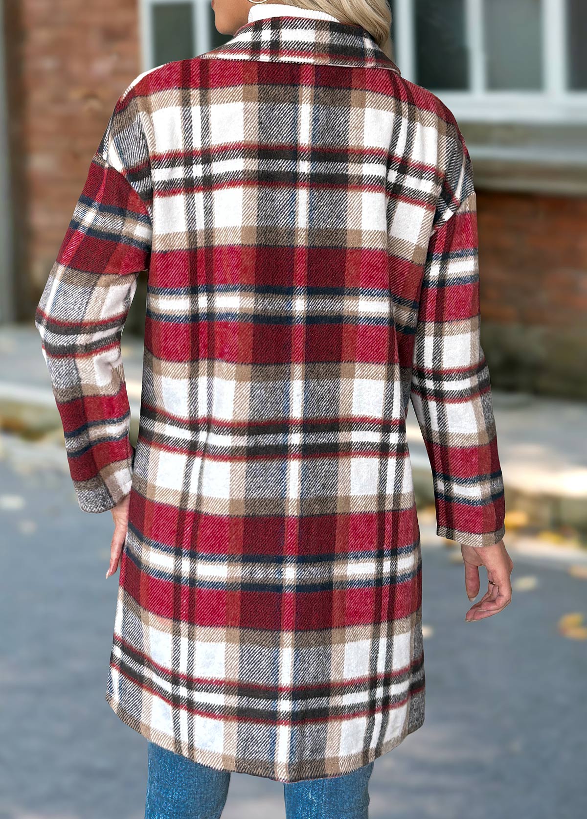 Plaid Tummy Coverage Red Long Sleeve Lapel Coat
