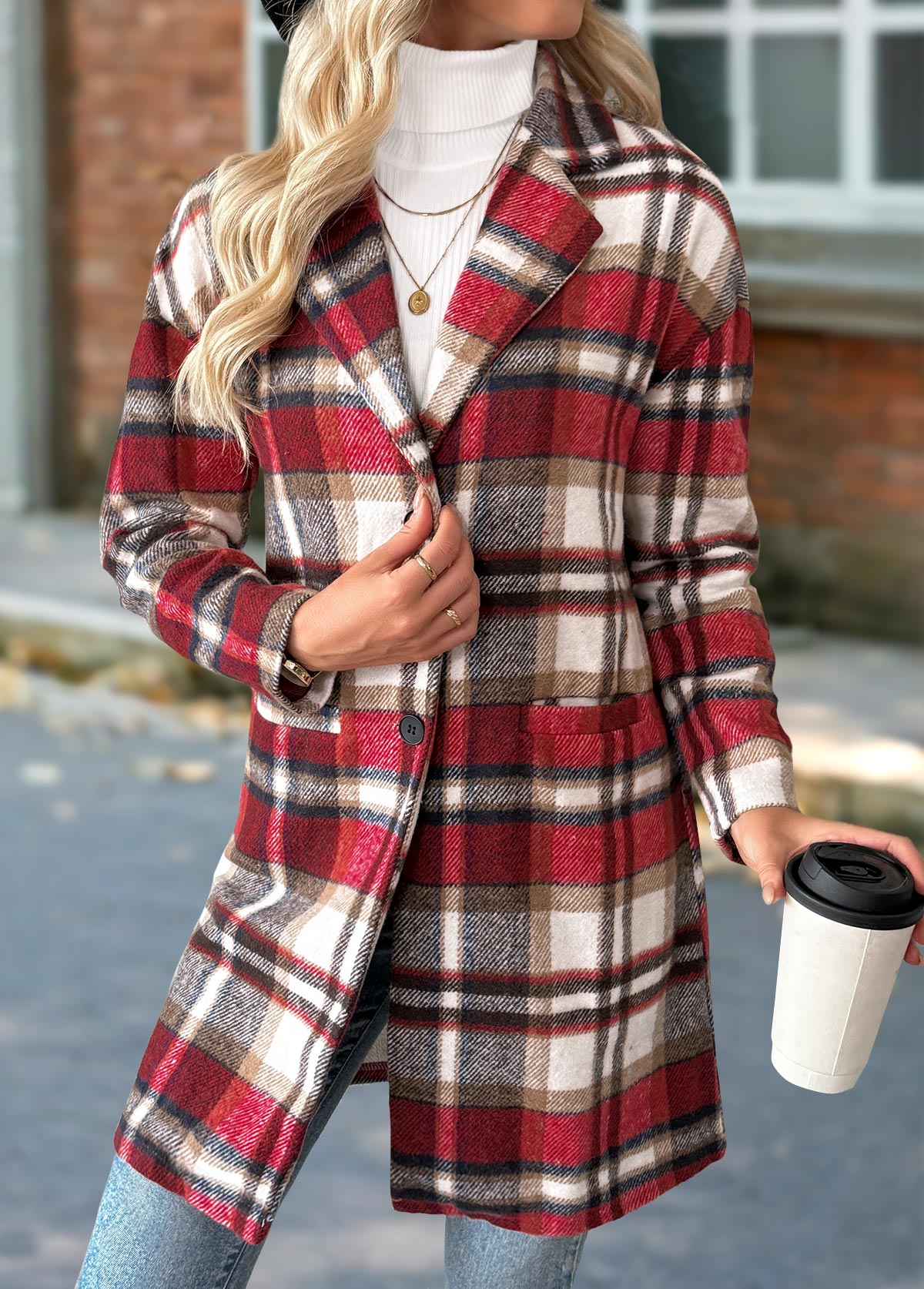 Plaid Tummy Coverage Red Long Sleeve Lapel Coat