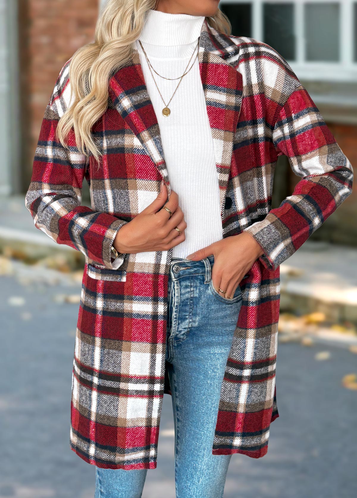 Plaid Tummy Coverage Red Long Sleeve Lapel Coat