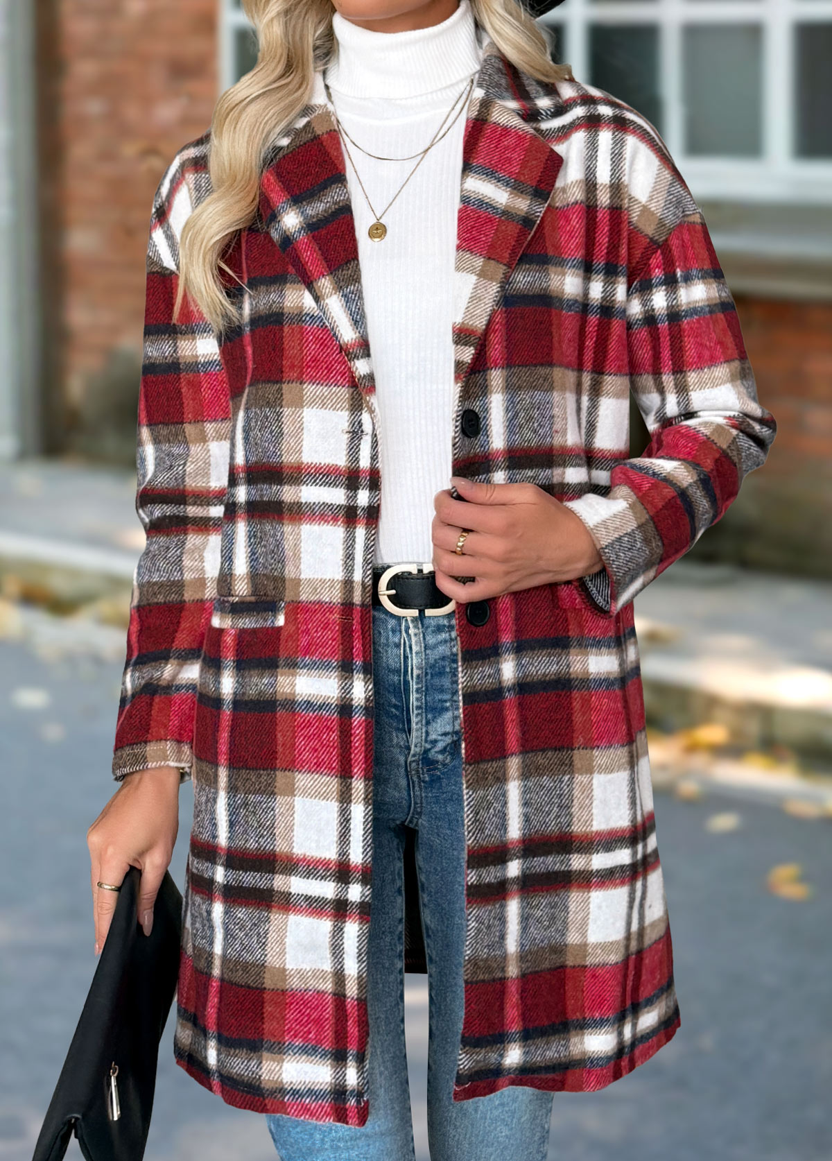 Plaid Tummy Coverage Red Long Sleeve Lapel Coat