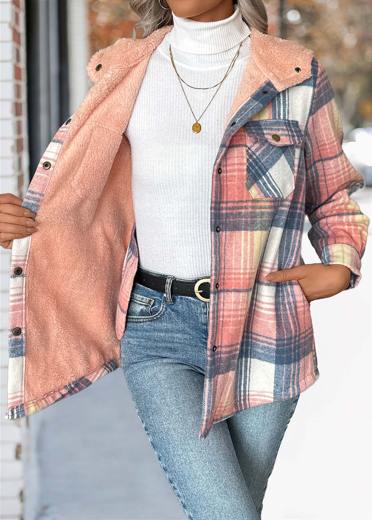 Plaid Tummy Coverage Pink Long Sleeve Hooded Coat
