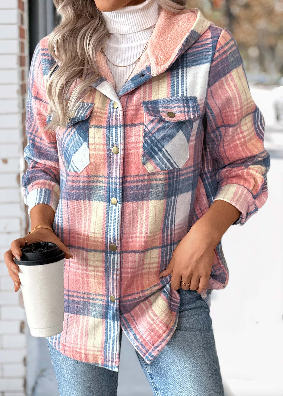 Plaid Tummy Coverage Pink Long Sleeve Hooded Coat