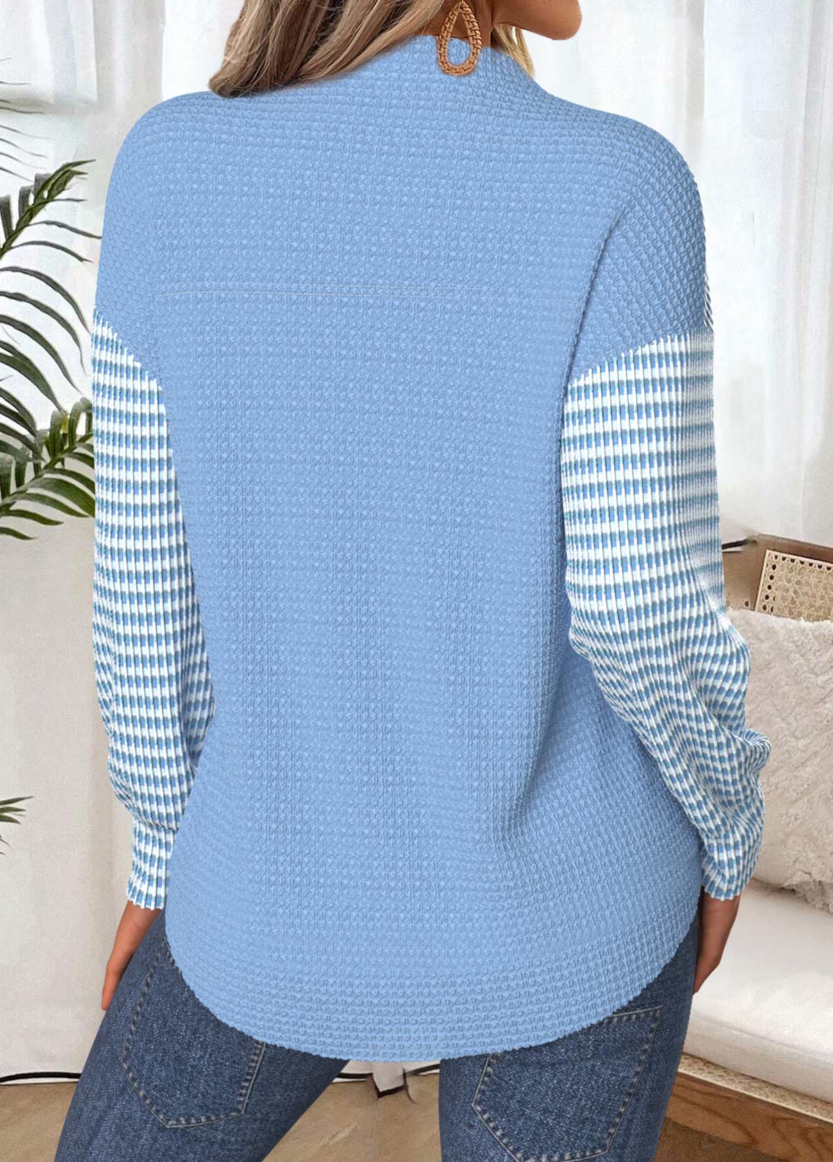 Tummy Coverage Light Blue Long Sleeve Split Neck Sweatshirt