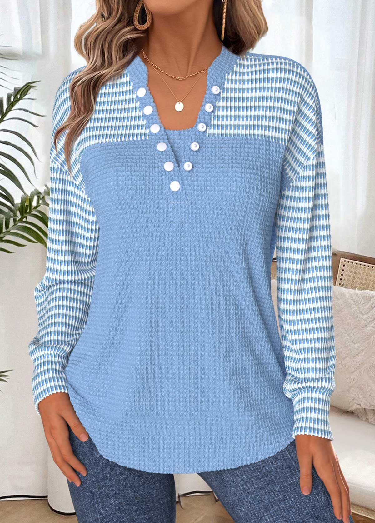 Tummy Coverage Light Blue Long Sleeve Split Neck Sweatshirt
