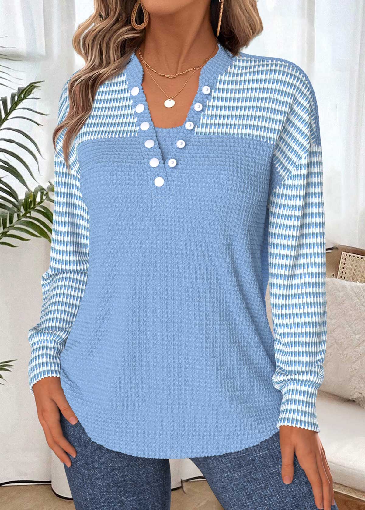 Tummy Coverage Light Blue Long Sleeve Split Neck Sweatshirt