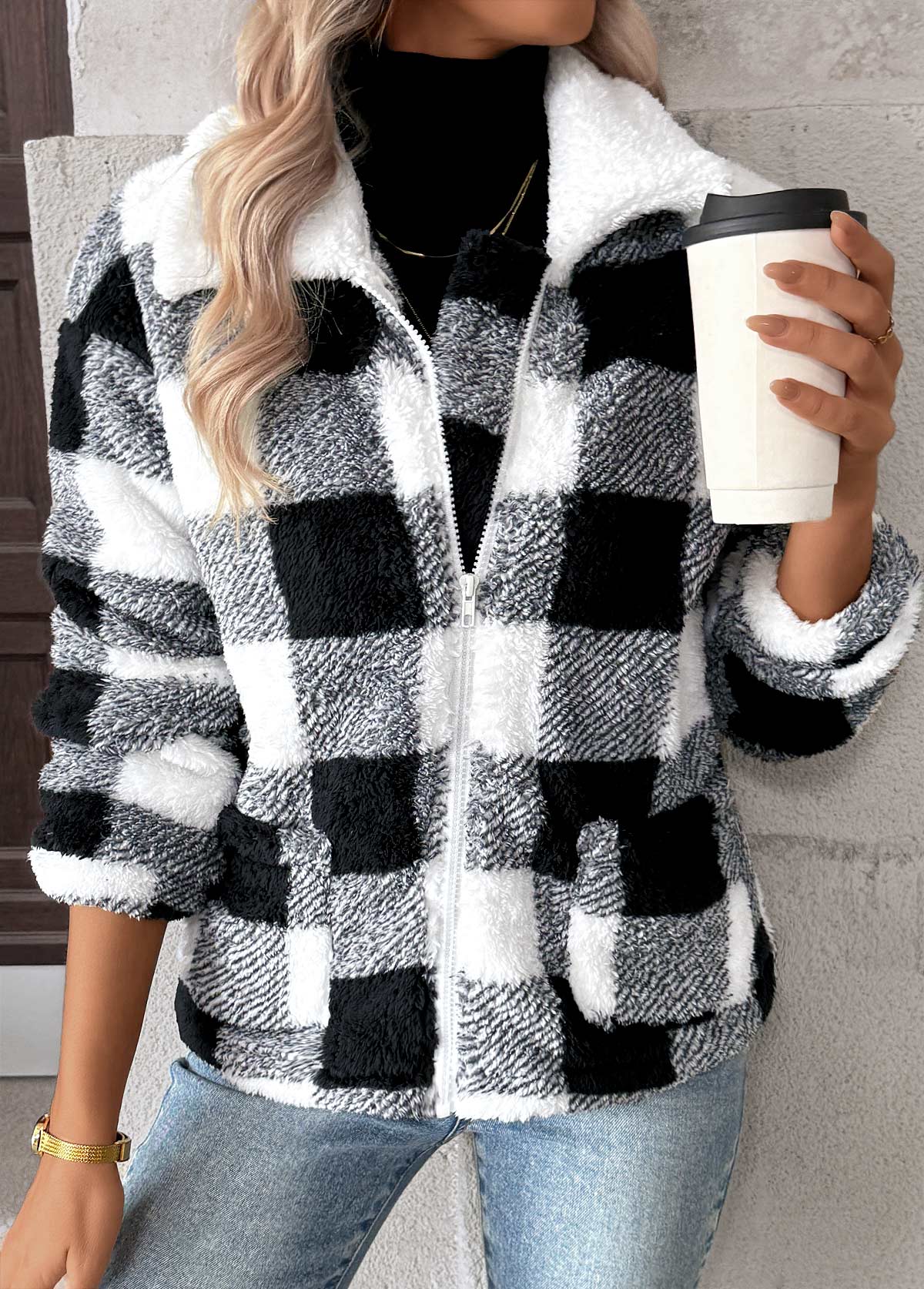 Plaid Tummy Coverage Black Long Sleeve Coat