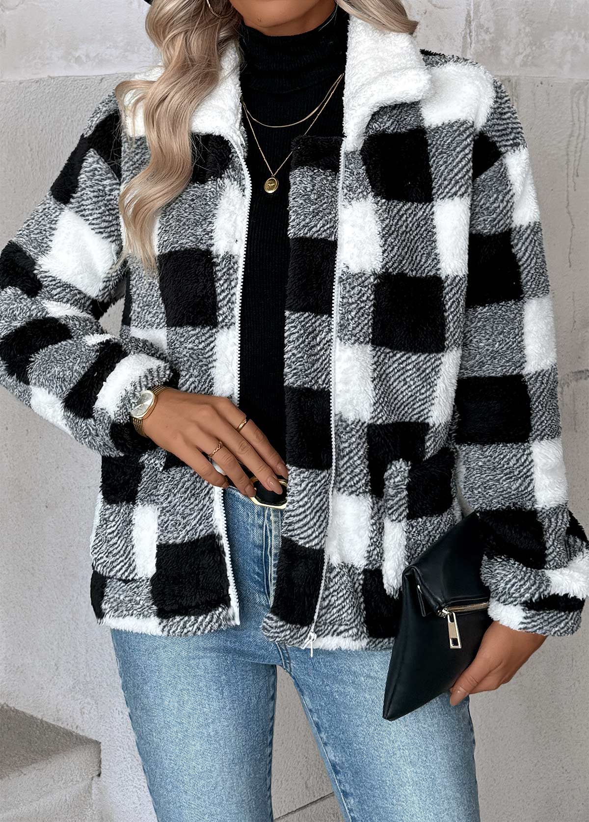 Plaid Tummy Coverage Black Long Sleeve Coat