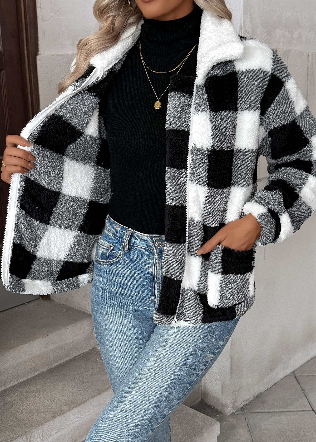 Plaid Tummy Coverage Black Long Sleeve Coat