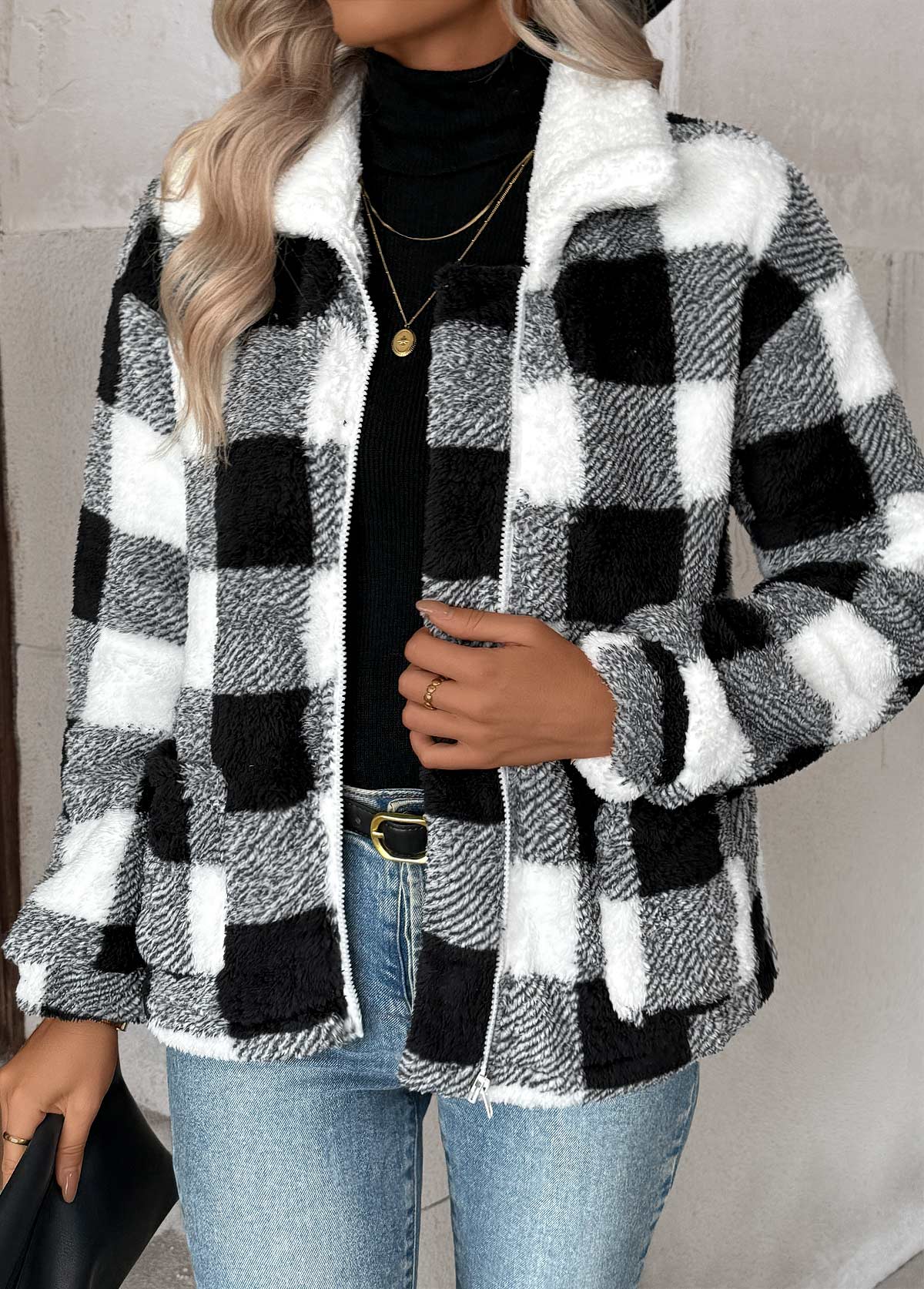 Plaid Tummy Coverage Black Long Sleeve Coat