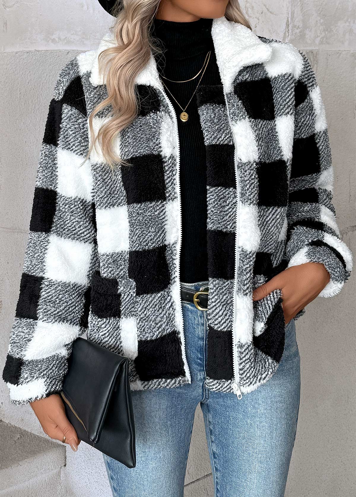 Plaid Tummy Coverage Black Long Sleeve Coat