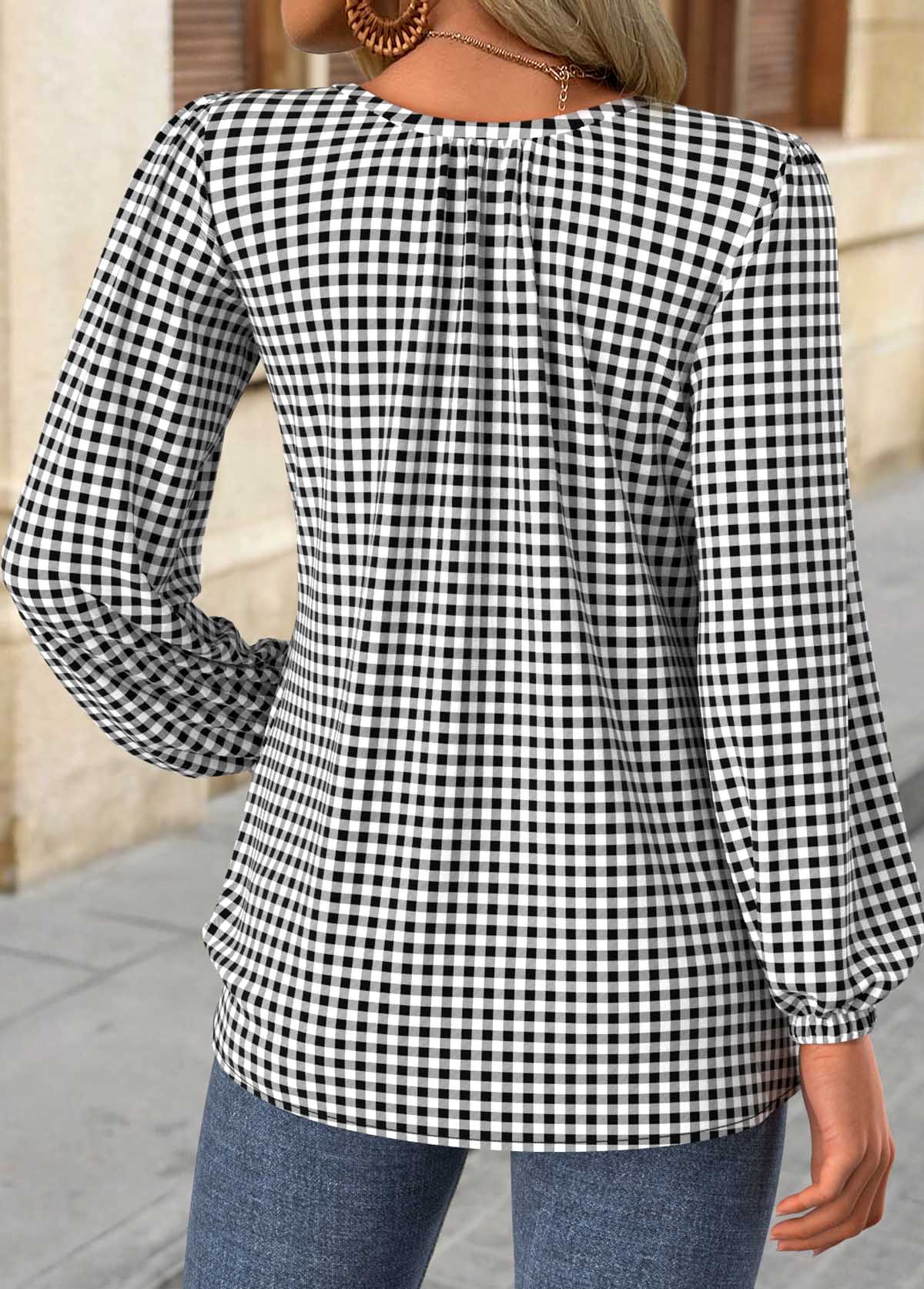 Plaid Frill Black Long Sleeve Round Neck Blouse
