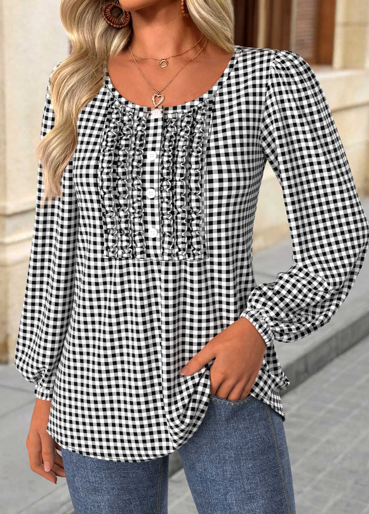 Plaid Frill Black Long Sleeve Round Neck Blouse