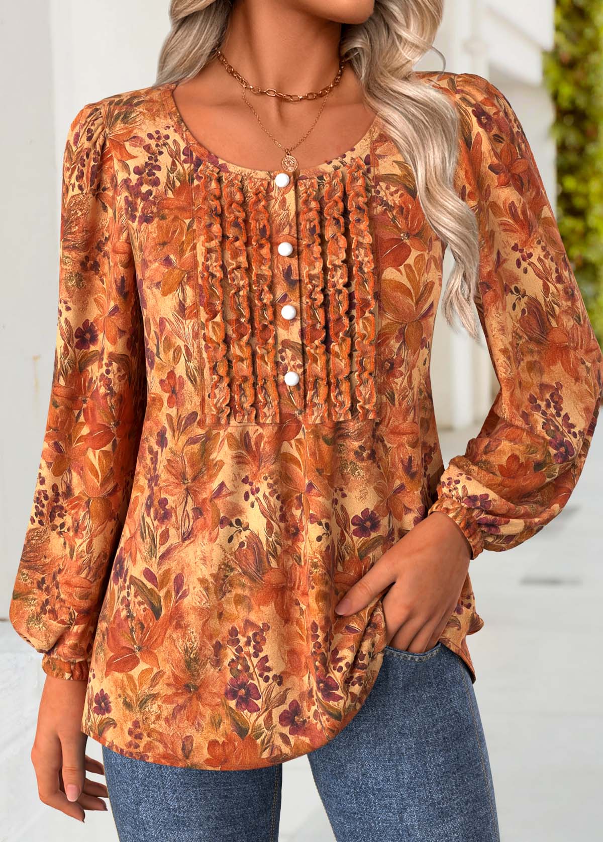Floral Print Frill Terracotta Long Sleeve Round Neck Blouse