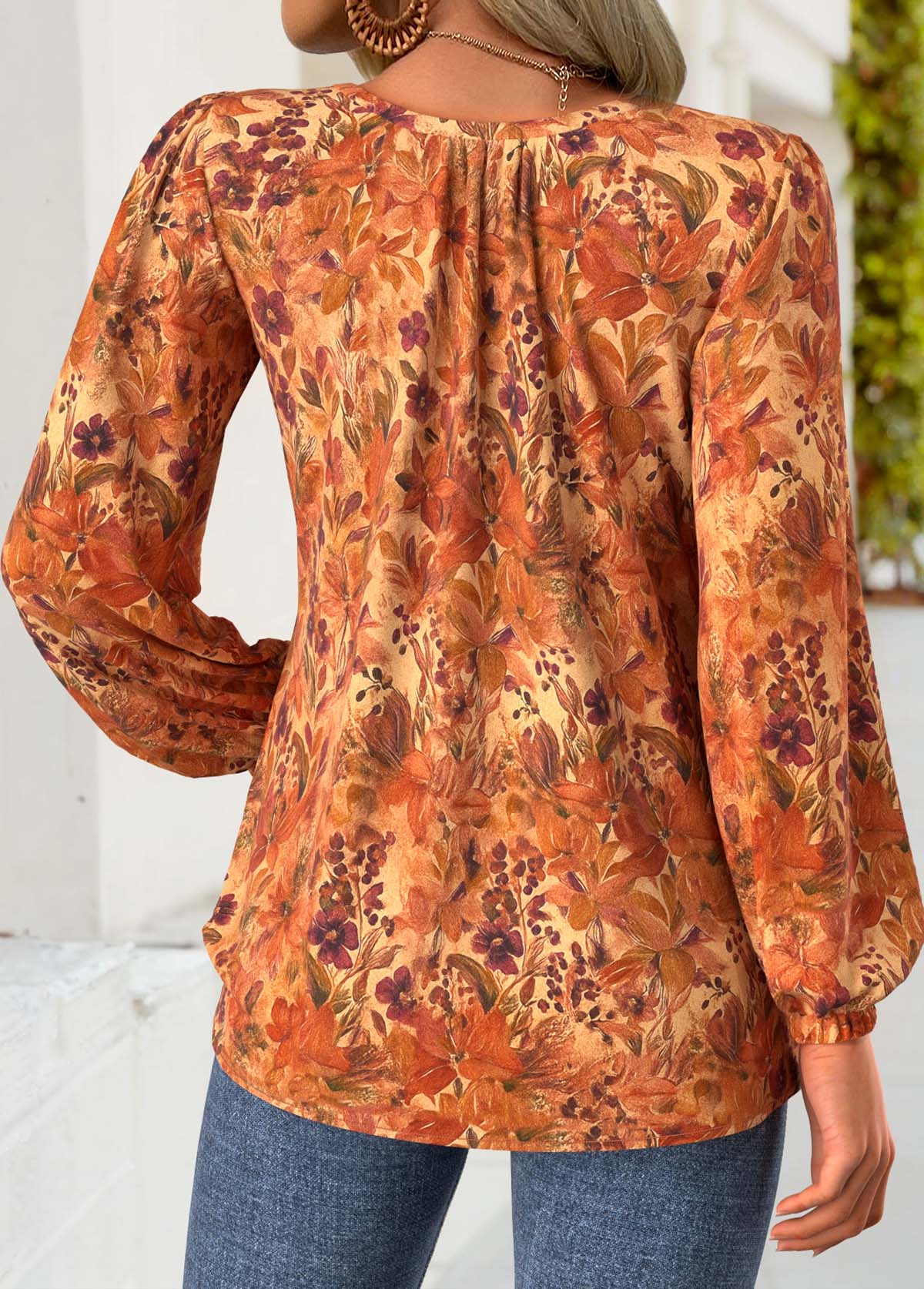 Floral Print Frill Terracotta Long Sleeve Round Neck Blouse